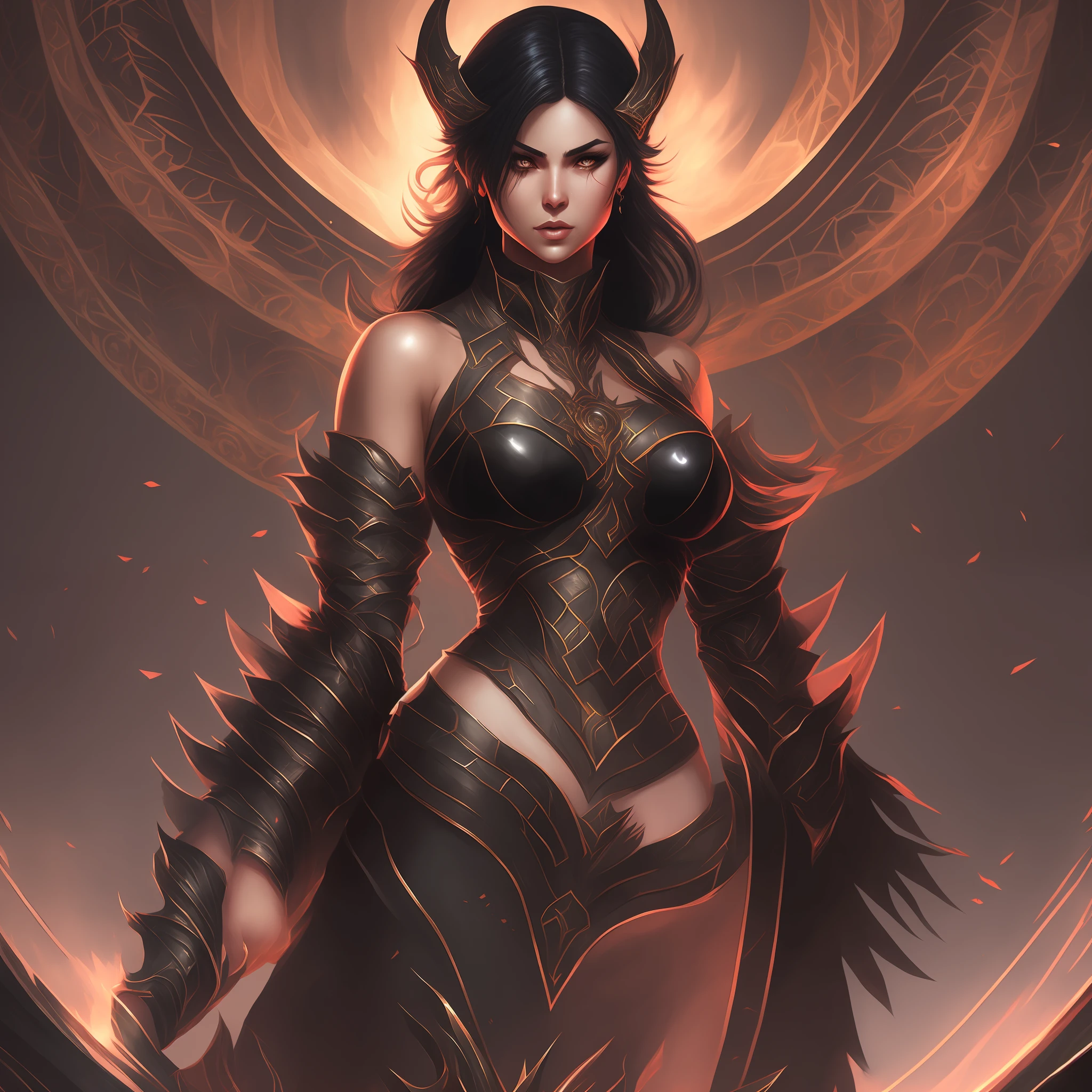 Imagine a female character, with arms gently open as if to show something in the background, black hair, well-detailed and beautiful body, sexy in the style of the universe of the games of the Diablo franchise
bottomless --auto --s2