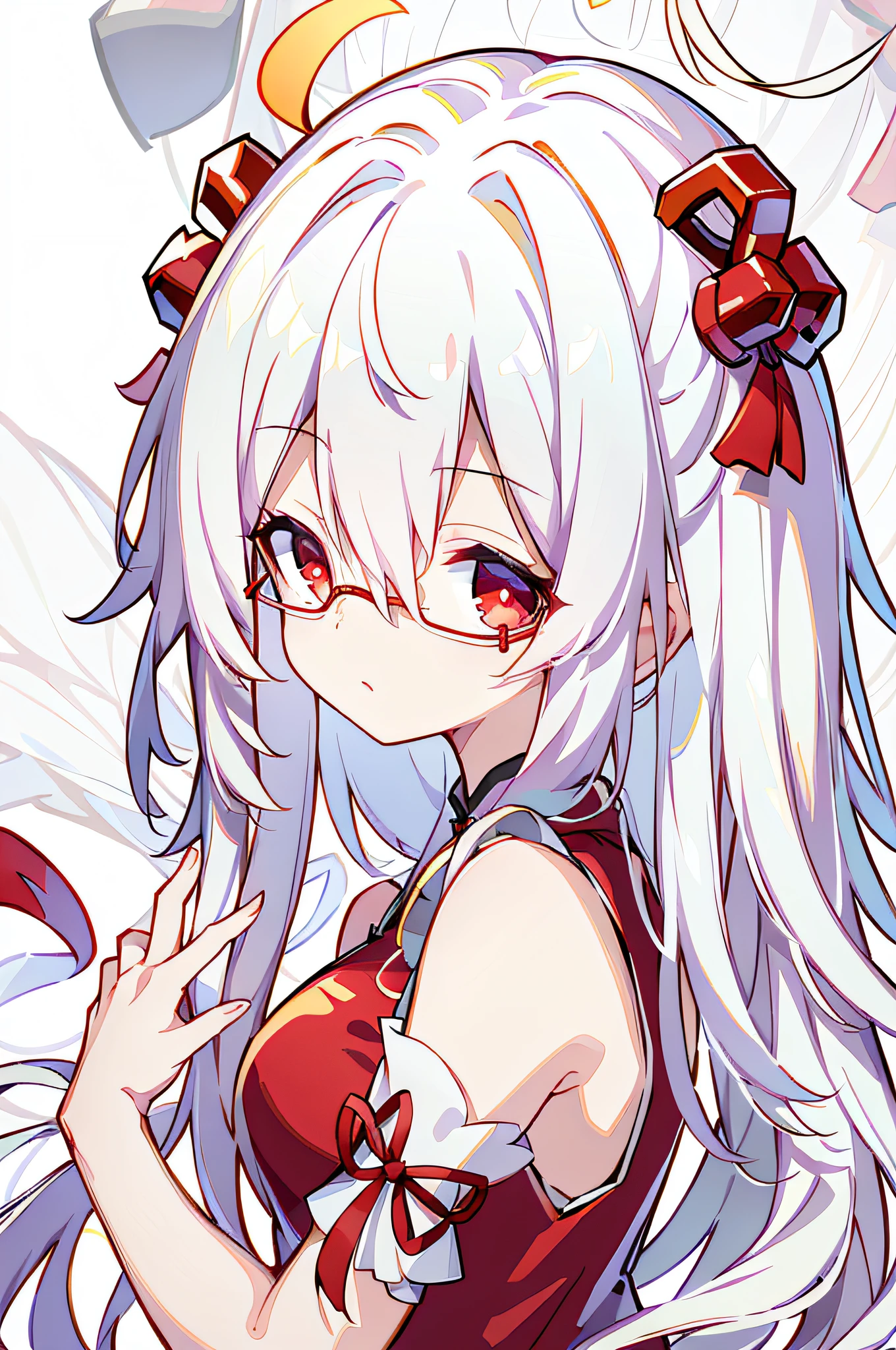 HD, 8k, (((masterpiece))), (((high resolution))), (best quality), (extremely delicate and beautiful)), cheongsam, white hair, red glasses, a girl