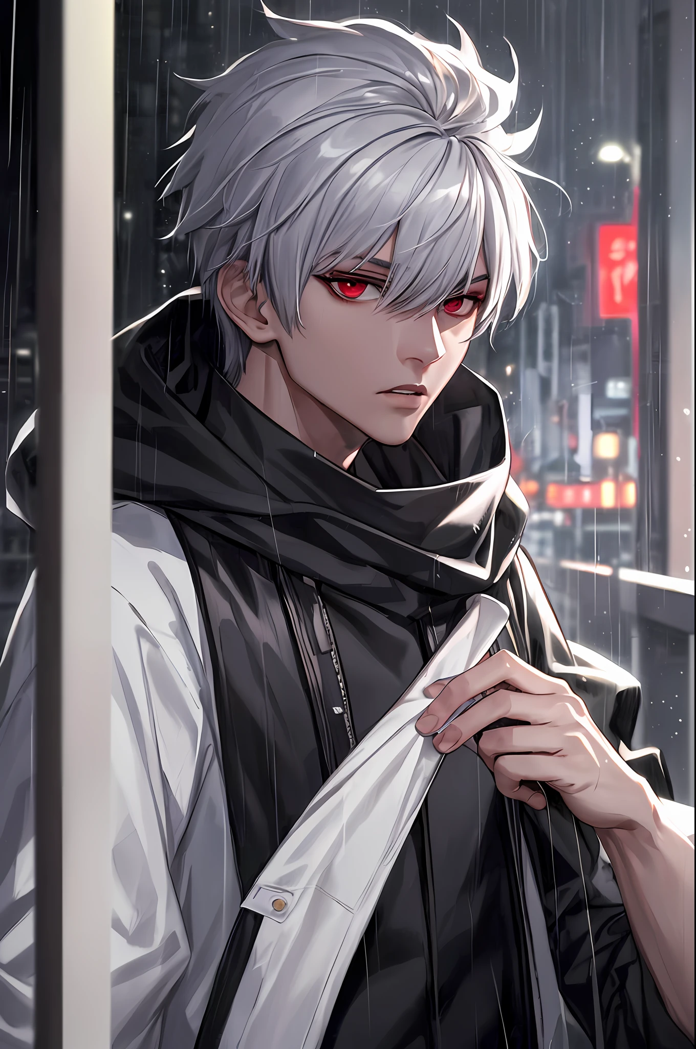 kk, best quality, more details, mastery, 1boy, kaneki ken, portrait, male focus, red eyes, solo, bangs, looking at viewer, hood, short hair, rain, tokyo tokyo \(city\), turban, nail polish , gray hair, luxury, 8k, detail, ray tracing, depth of field, movie lighting,