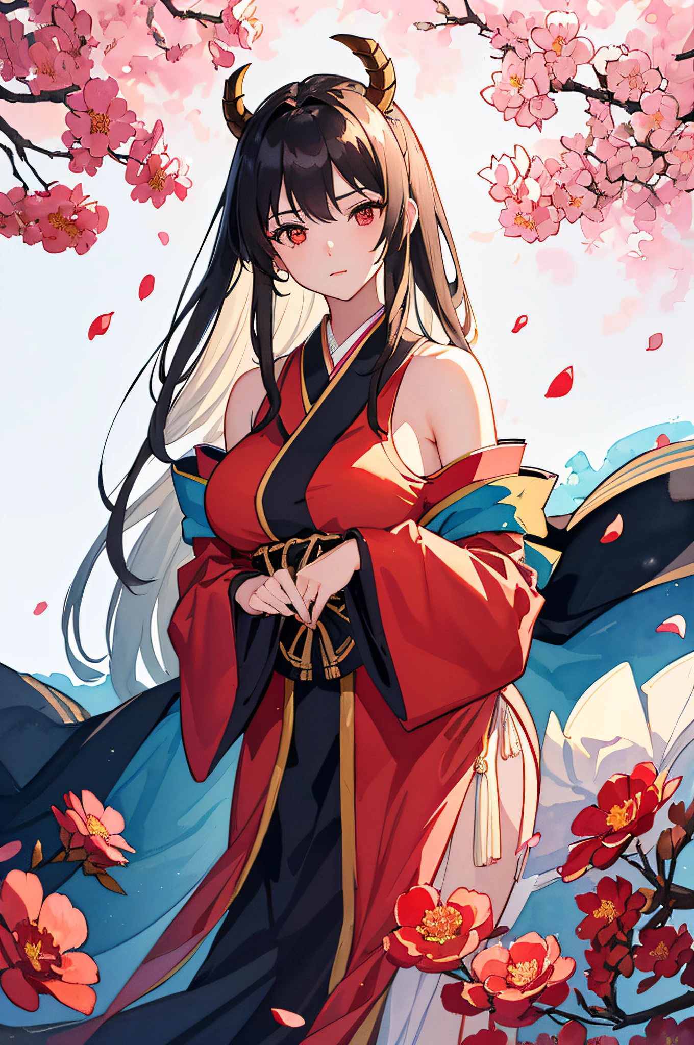 (Masterpiece: 1.2, Best), (Linglong Eyes: 1.2), ((1girl)), ((solo)), (Red Eyes: 1.4), (Linglong Eyes: 1.3), (Beautiful and Clear Background: 1.2) , (very detailed CG, super detailed, best shades: 1.1), ((depth of field)), ((watercolor)), (oni: 1.5), (kimono: 1.3), big boobs, bare shoulders, flowers and petals, beautiful concept art, (white background: 0.5), (illustration: 1.1), (extremely delicate: 1.1), (perfect detail: 1.1), silhouette, cowboy shot,