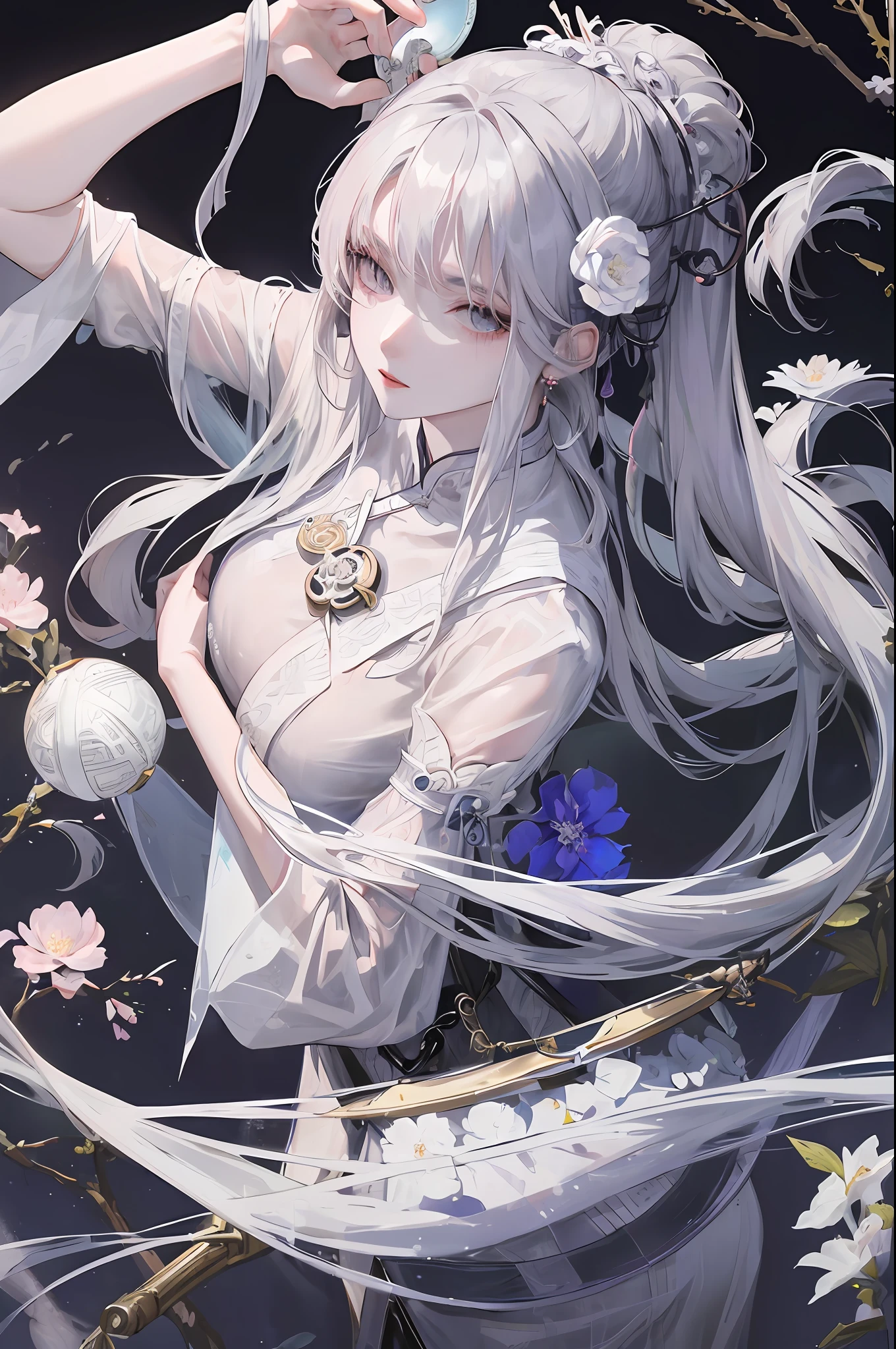 Masterpiece, Best, Night, Full Moon, 1 Female, Mature Woman, Chinese Style, Ancient China, Elder Sister, Royal Sister, Cold Face, Expressionless, Silver White Long Haired Woman, Pale Pink Lips, Calm, Intellectual, Three Belts, Gray Hitomi, assassin, dagger, flower ball background, street view