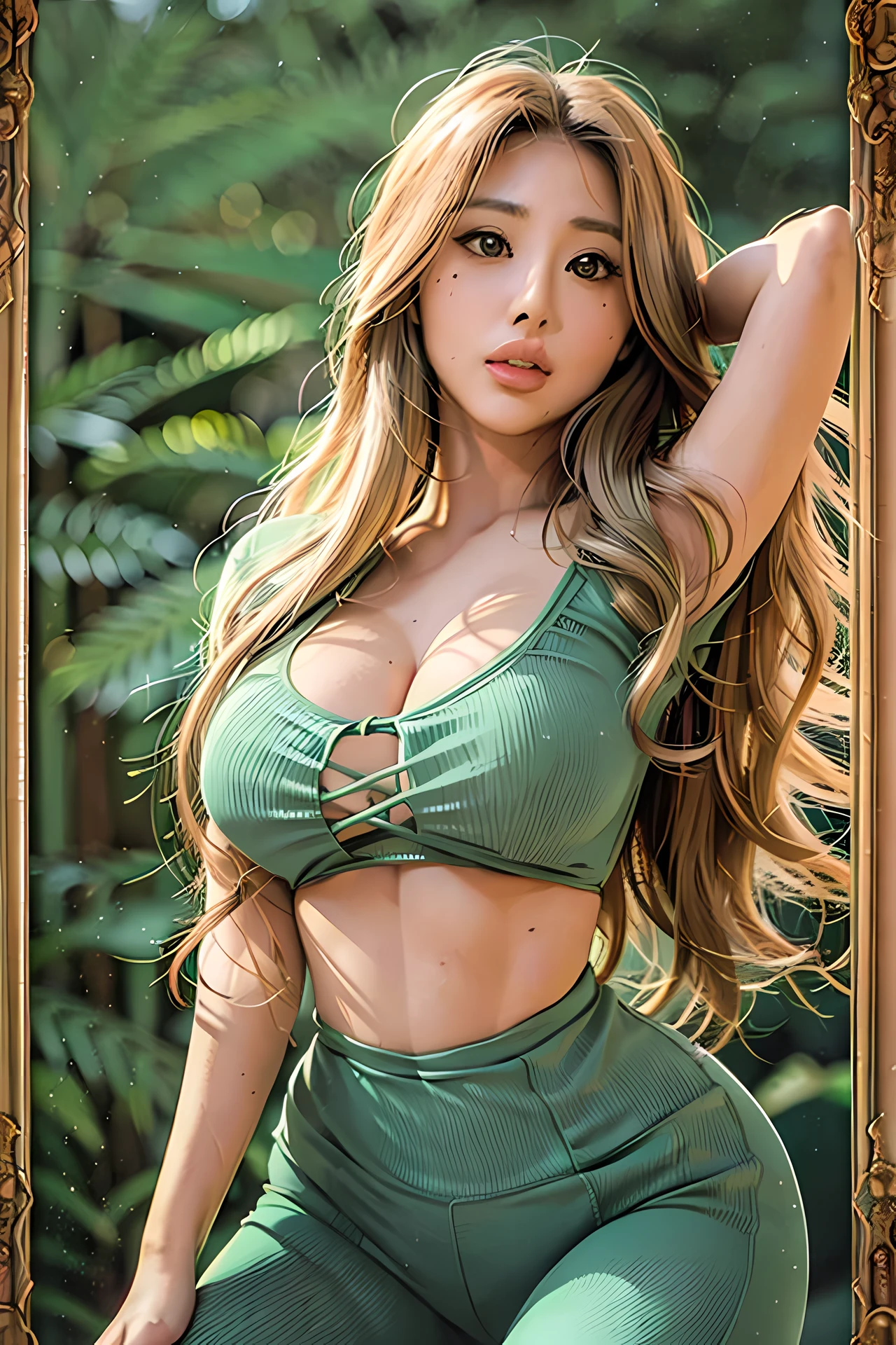 (high resolution, realistic) portrait of a beautiful Korean girl with (white wavy hair) and (big eyes:1.2) framed by small moles under her eyes. She is wearing a (loose green shirt) and (yoga pants) that show off her (tight abdomen) and (camel toes), while hers (big breasts) and (long legs) add to the allure.