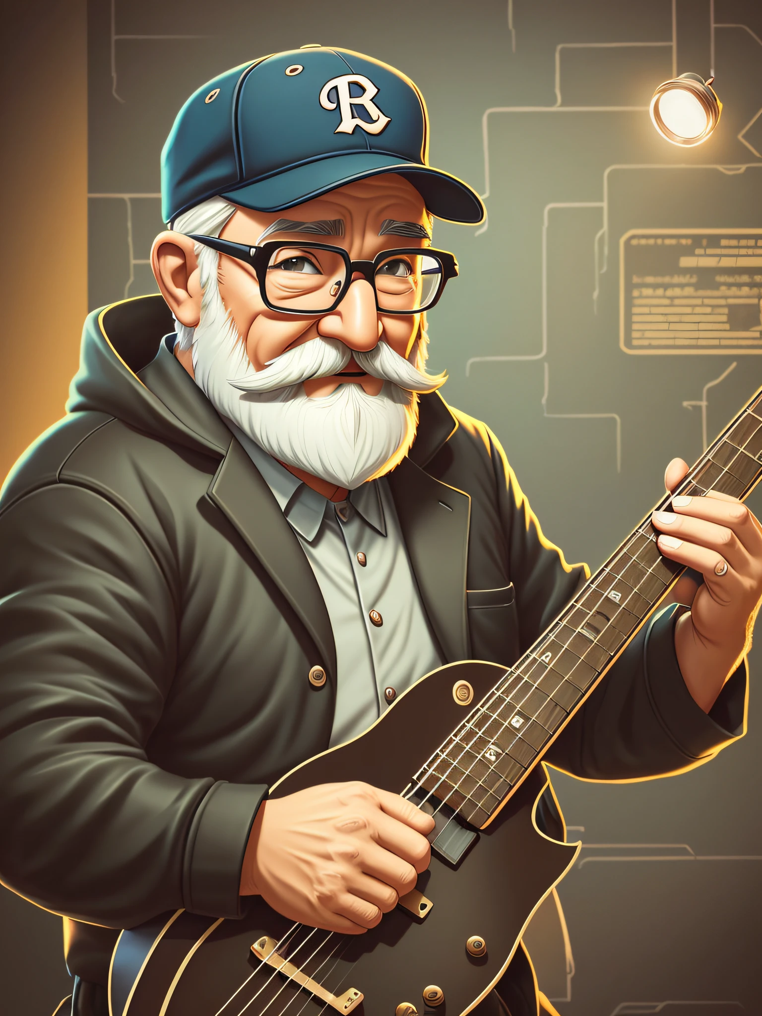 cartoon character of an old man with beard and glasses with a baseball cap, cute detailed digital art, high quality character design, highly detailed character design, game character design, adorable digital painting, game character art, musician, highly detailed character, anthropomorphic musician hero, 2d illustration, 2d illustration,  by Yu Zhiding, Great Character Design, Futurism, cinematic lighting, f/1.8, 16k --auto --s2
