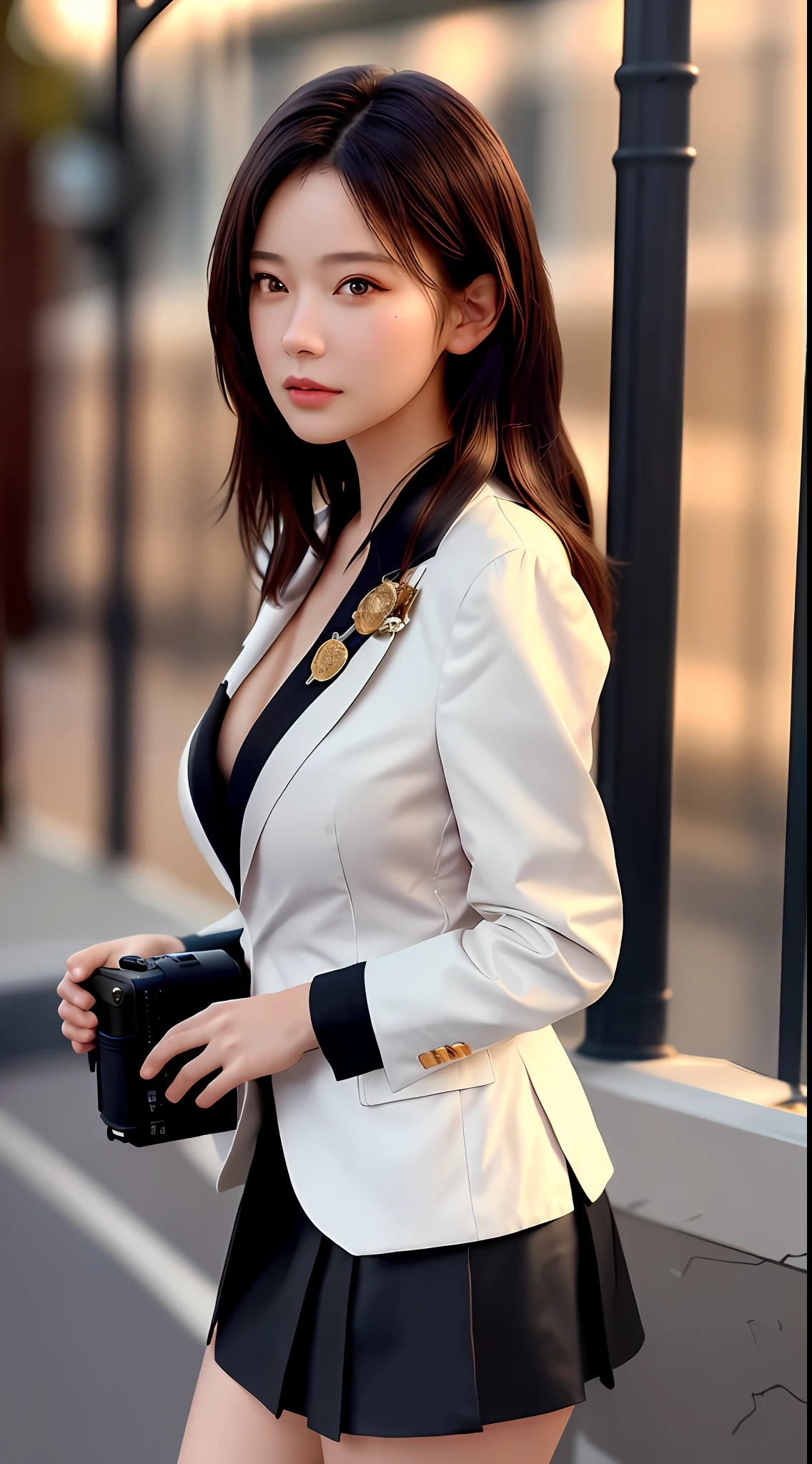 best quality, masterpiece, 1girl, Beautiful face, (photo realistic:1.3), rim lighting, (high detailed skin:1.2), 8k uhd, dslr, high quality, high resolution, 4k, 8k, Bokeh, absurdres, best ratio four finger and one thumb, (realistic:1.3), cute 1girl, wearing black formal blazer, medium breasts, short skirt,