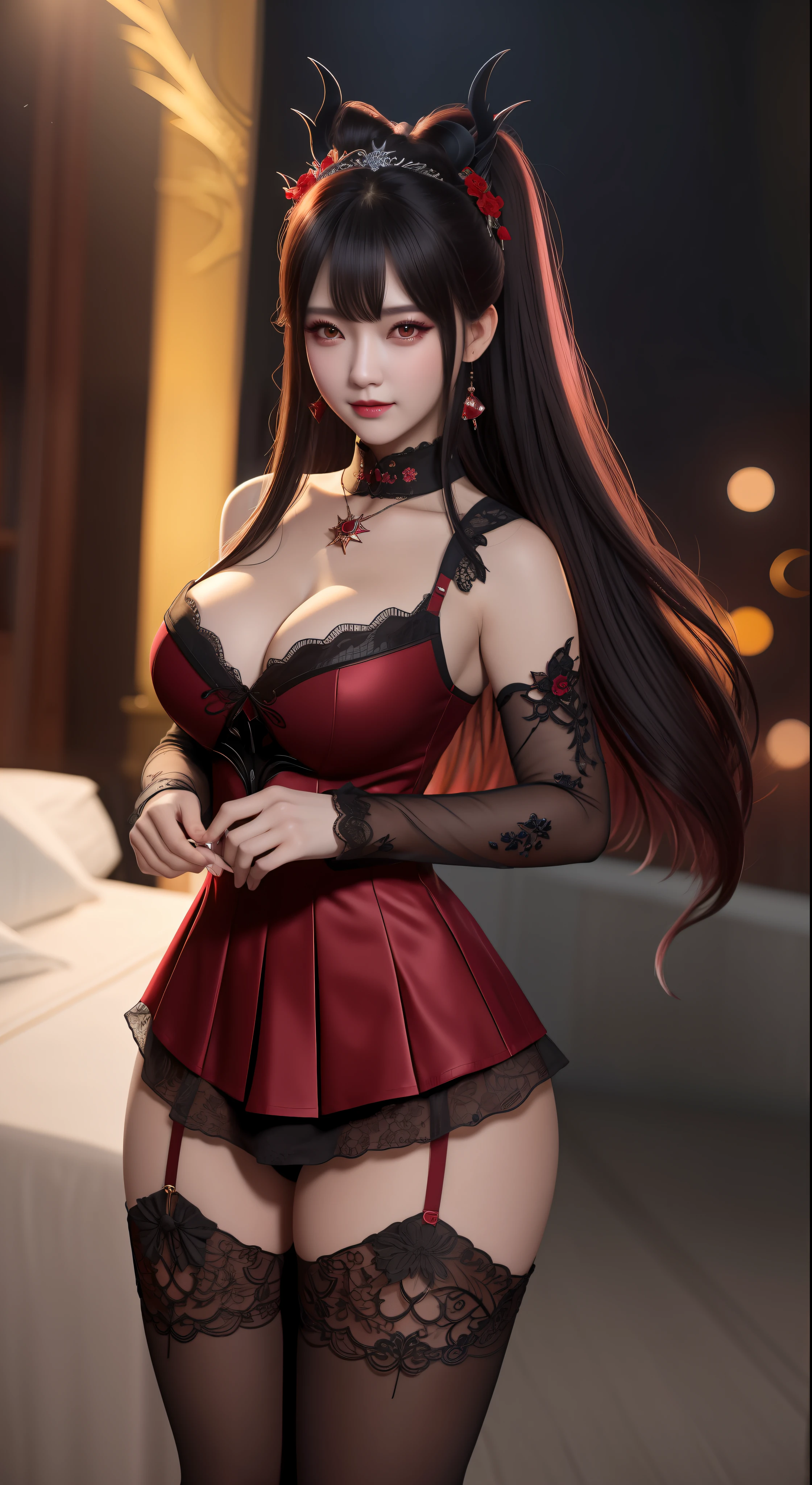 best quality, masterpiece, highres, 1girl, hanfu, white and even teeth, red irises, chinese underwear, hair ornaments, necklace, jewelry, crown jewelry. Pretty face, full body, magic import style, tyndall effect, photo realistic, dark studio, border light, two tone light, (high detail skin: 1.2), 8k uhd, dslr , soft light, high quality, volumetric light, candid, Photo , high resolution, 4k, 8k, Bokeh, (light pink lips), 1 beautiful demon from hell, In the Dark: 1.6), surreal full body of women by David Hockney and Alphonse Mucha, fantasy art, photorealism, dynamic lighting, station art, posters, volumetric lighting, highly detailed faces , super 8k, Awarded, in the dark, deep shadow, low light, cowboy lens, (Red phoenix shirt: 1.4), long hair, black hair, bust, luxury palace, Royal style family, devil's crown, red eyes with very sharp and detailed makeup, Best face, Very round and tight breasts, Surreal, chinese women's clothing, turtleneck polo lace top, charming smile, Beautiful eye makeup, guweiz, devil style, black lace stockings, mesh stockings with hooks on underwear, ponytail with a bow at the back, dark red lips, Devil tattoo on shoulder, wearing a nightgown thin lace deep slit chest red black, overcast and thunderous landscape, (full body), Close-up of main character, (Background detail 1.8), lace socks worn at the waist,