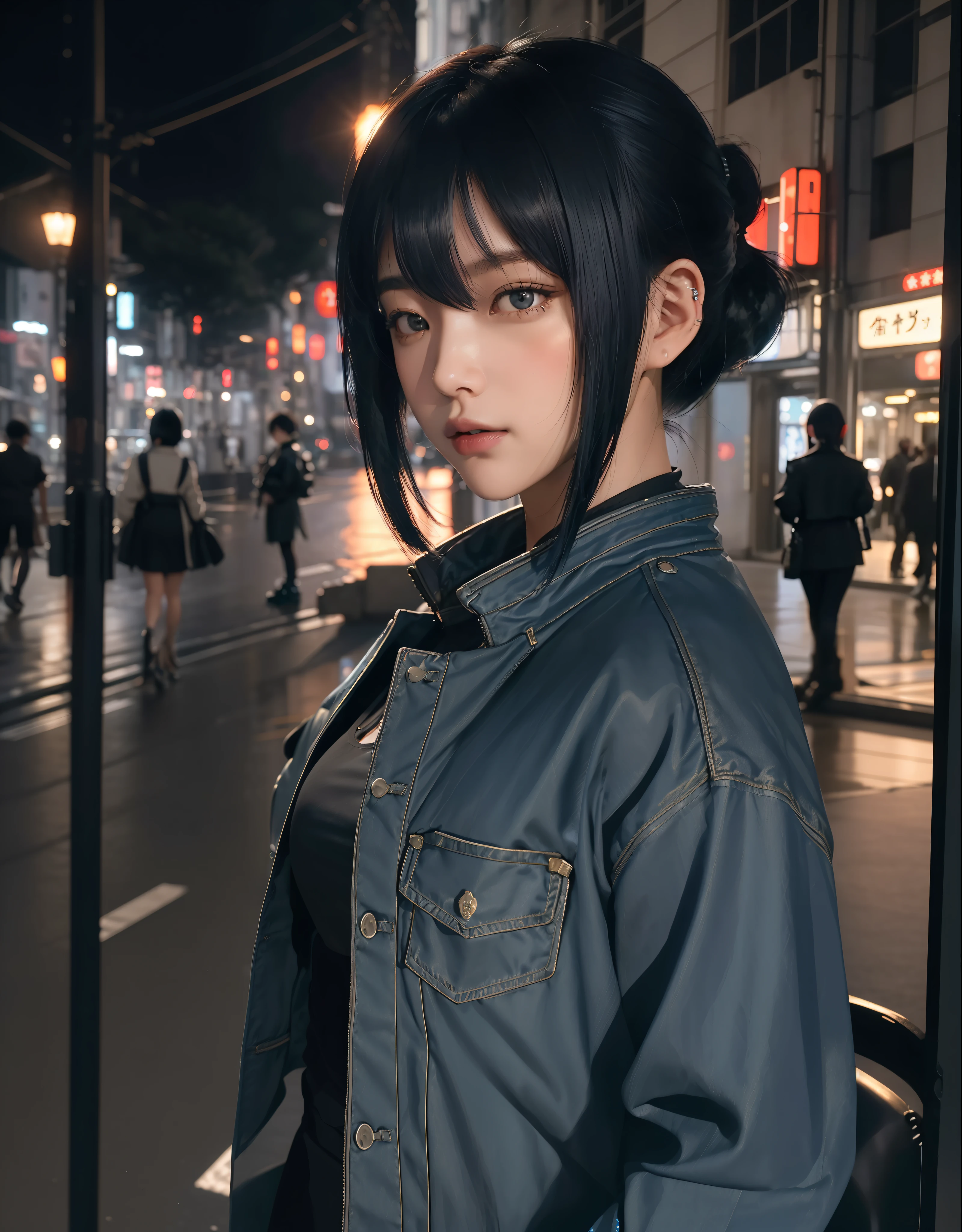 (masterpiece), ((high details)), (high detail face), intricate detail, depth of field, backlighting, award winning, high quality, best quality, 8k, Motoko Kusanagi, (inverted bob hair:1.3), short dark blue hair, ponytail, cyberpunk jacket, black short denim, outside, street, Tokyo, night, standing, looking at the viewer