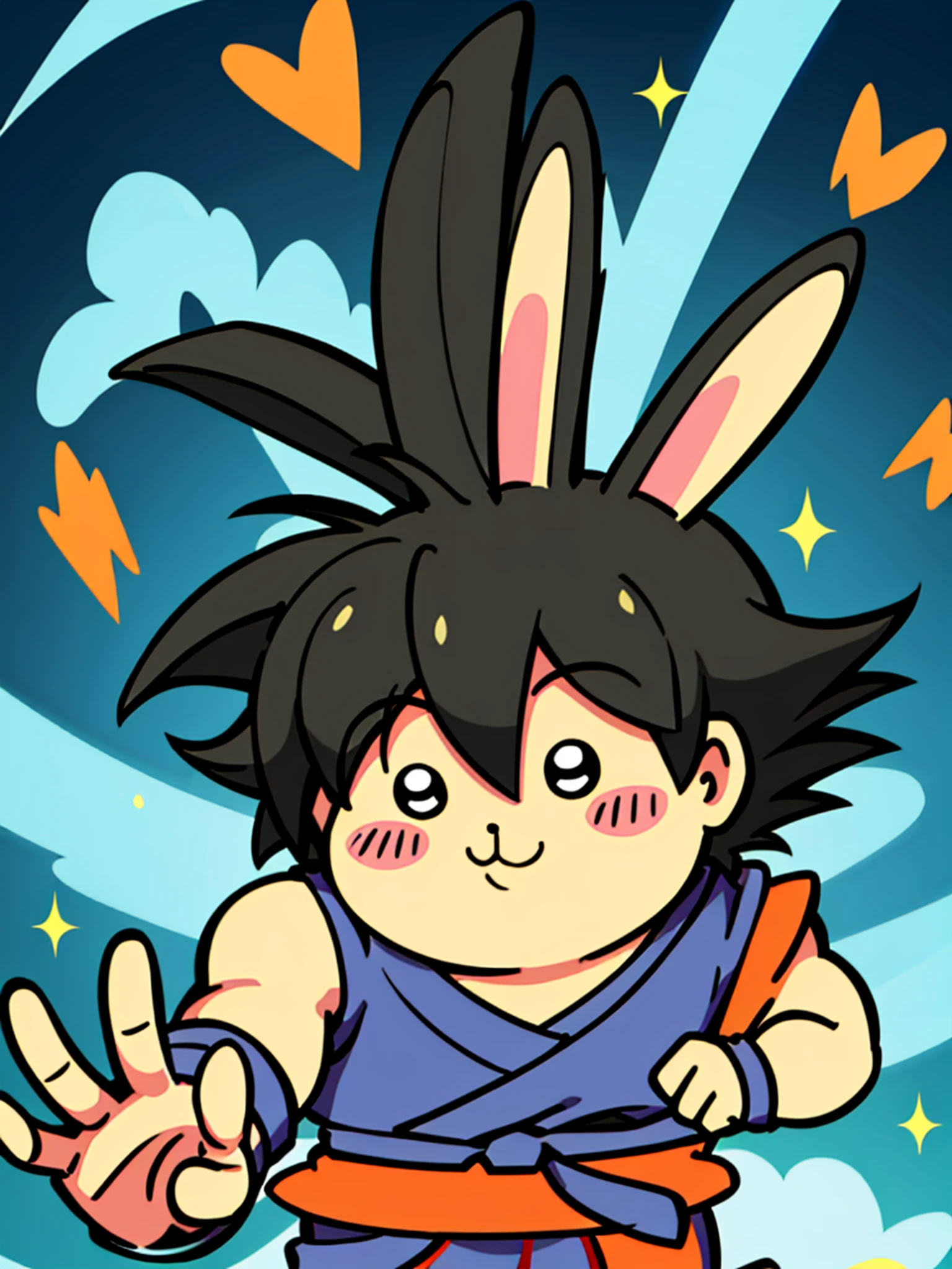 son goku,chiikawa\(a\), :3, full body,backlighting, black eyes, black hair, blue wristband, closed mouth, dougi, hair strand, hands up, light particles, looking at viewer, male focus, muscular, muscular male, pectorals, smile, solo, spiked hair, upper body, wristband, ((masterpiece)) ,