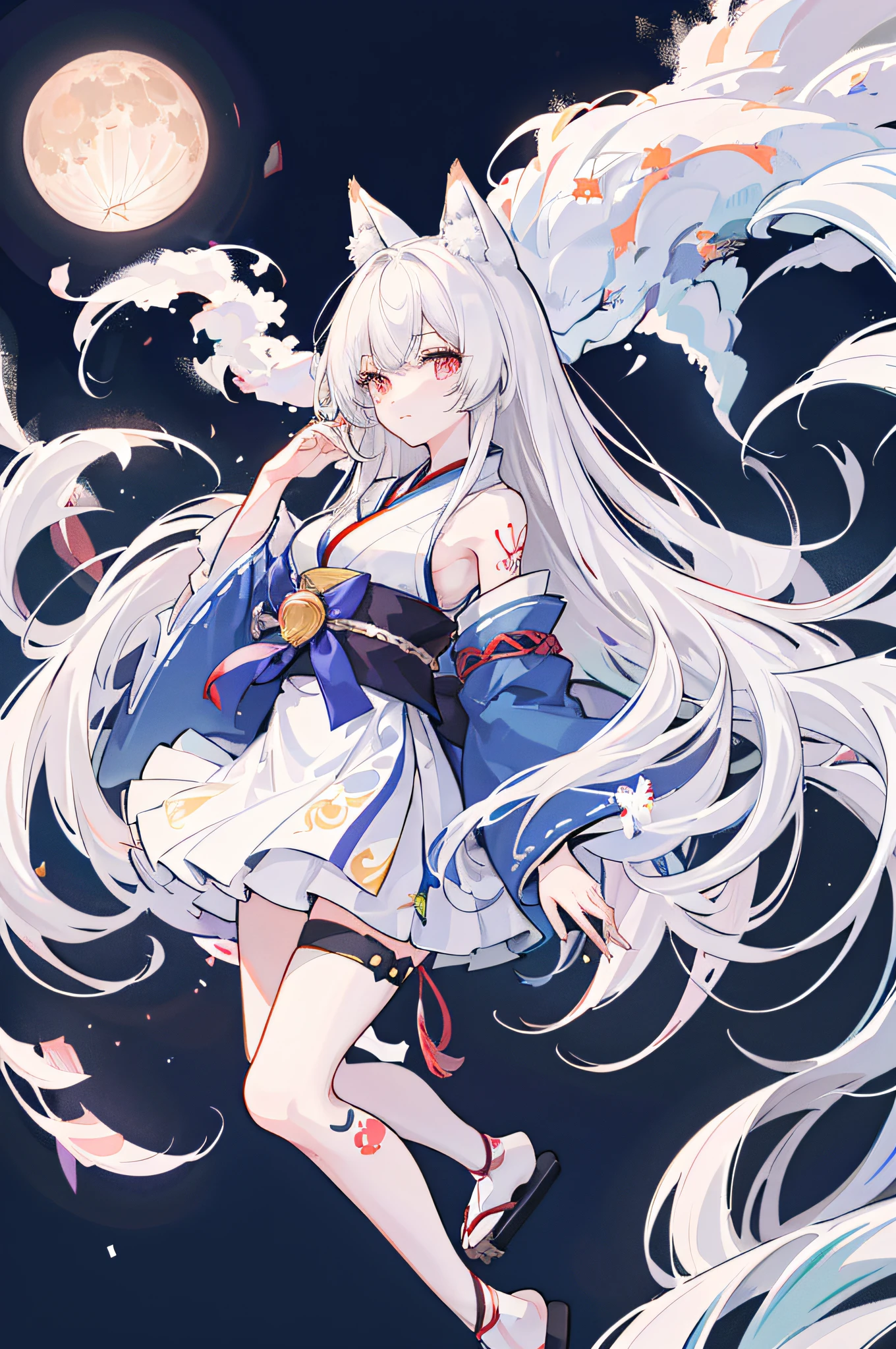 1girl, moon, bird, star_\(sky\), long_hair, starry_sky, (((white_hair))), animal, wide_sleeves, night, flower, night_sky, holding, very_long_hair, full_moon, looking_at_viewer, ribbon_trim, ribbon-trimmed_sleeves, long_sleeves, skirt, red_eyes, solo, japanese_clothes, sky,((medium breasts)), (((Pornographic tattoo))),fox ears, fox tail, fox girl,