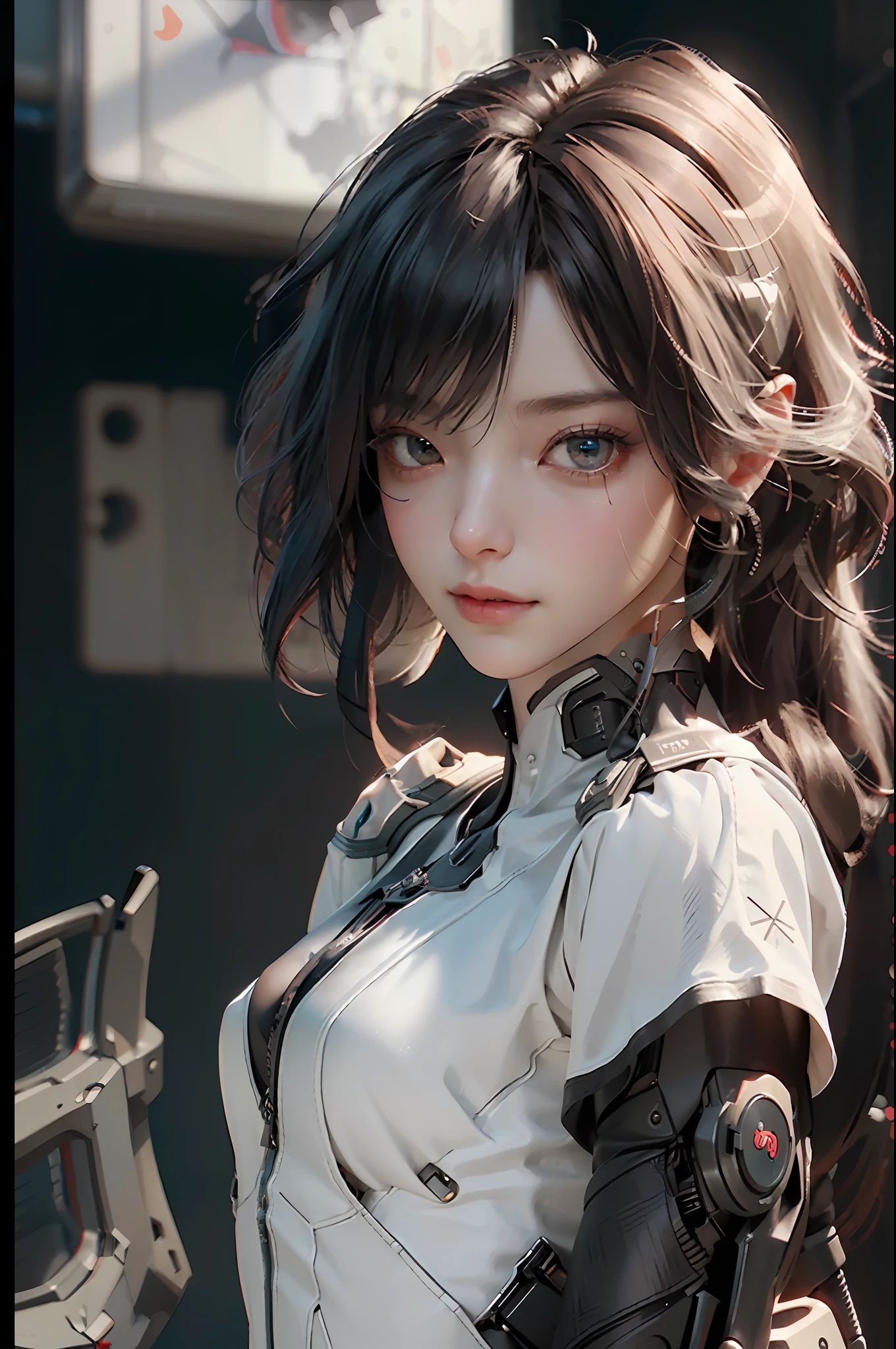 ((Best Quality)), ((Masterpiece)), (Detail: 1.4), 3D, Cyberpunk, (Square)), Bust, Perfect Face, ((Face Close-up)), Perfect Fingers, Perfect Figure, A Beautiful Cyberpunk Female Image Facing Up, (Standing), (Upright), Action Pose, ((High Detail Skin)), (Small Chest: 1.3), Collar, Tight Clothing, (Firearms), On the Battlefield, HDR (High Dynamic Range), Ray Tracing, NVIDIA RTX, Super-Resolution, Unreal 5, Subsurface Scattering, PBR Textures, Post-processing, Anisotropic Filtering, Depth of Field, Maximum Sharpness and Sharpness, Multi-layer Textures, Albedo and Highlight Mapping, Surface Shading, Accurate Simulation of Light-Material Interactions, Perfect Proportions, Octane Render, Bicolor Light, Large Aperture, Low ISO, White Balance, Rule of Thirds, 8K RAW,