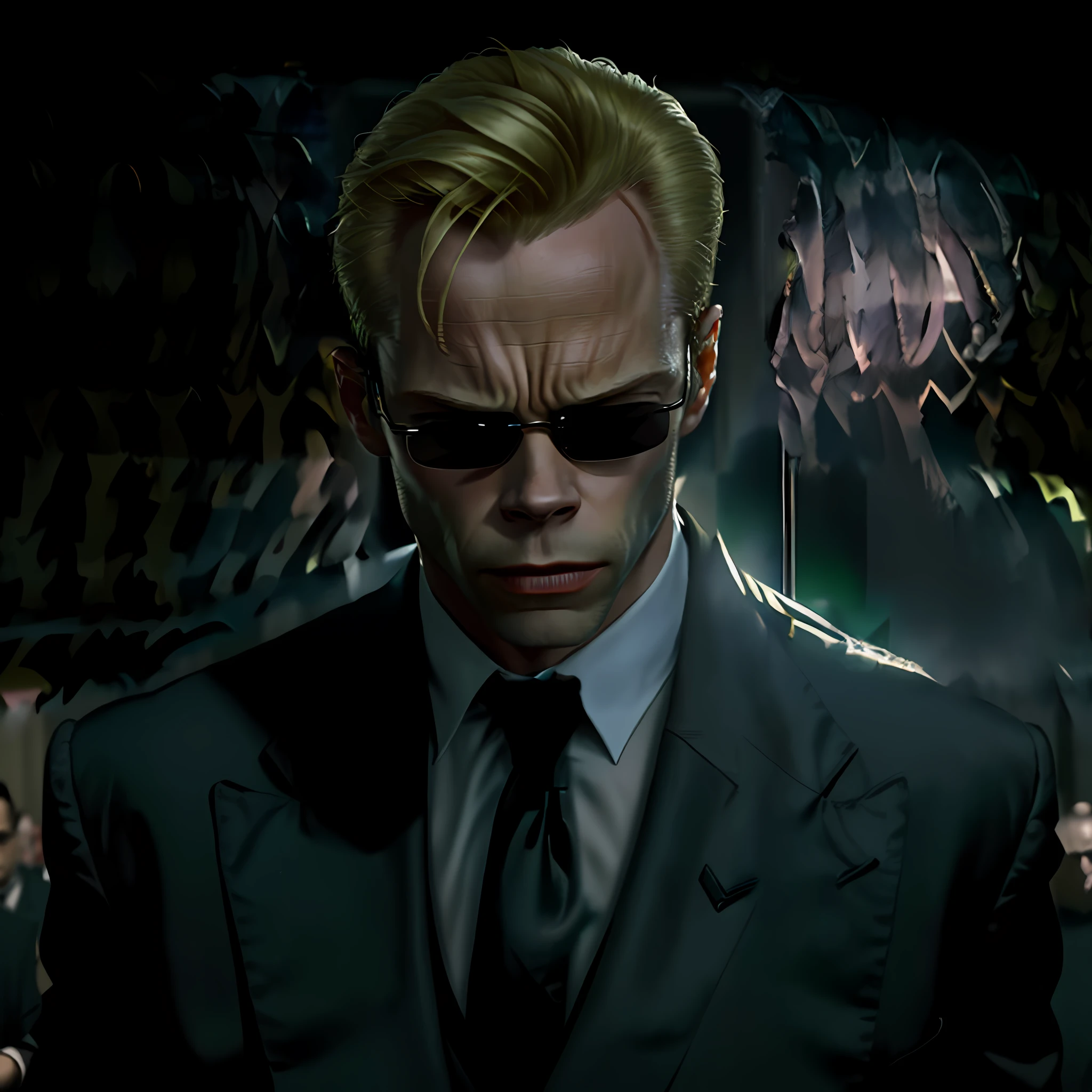 evil looking blond GUY PEARCE face, blond GUY PEARCE in a suit with square sunglasses close up, blond GUY PEARCE in a suit angry, blond GUY PEARCE in a white shirt suit with squared sunglasses, square sunglasses, ((white shirt black tie))