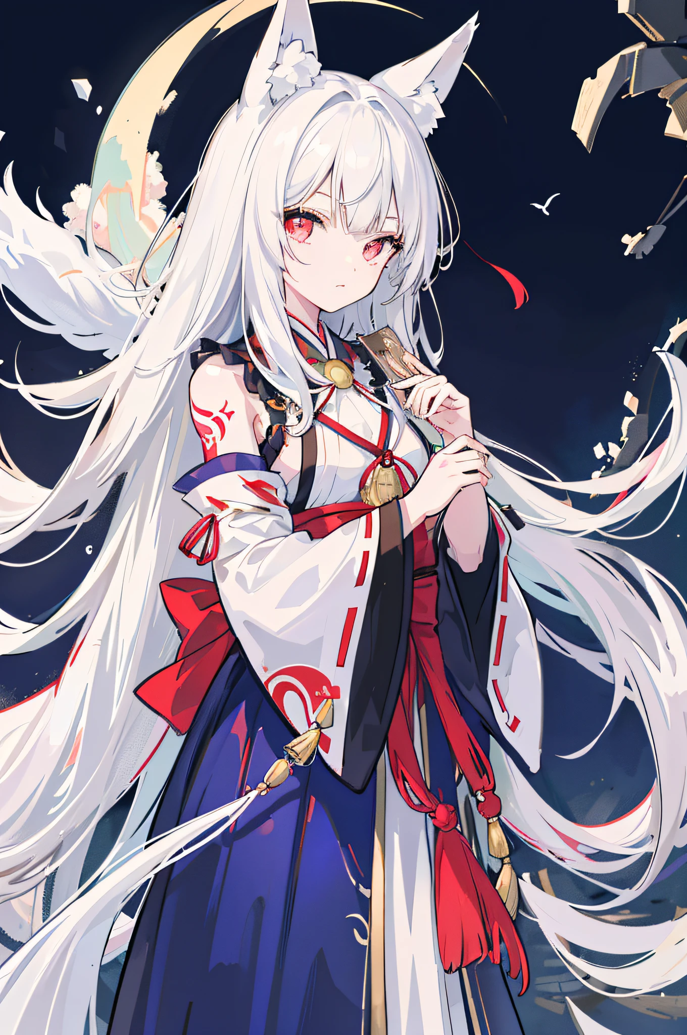 1girl, moon, bird, star_\(sky\), long_hair, starry_sky, (((white_hair))), animal, wide_sleeves, night, flower, night_sky, holding, very_long_hair, full_moon, looking_at_viewer, ribbon_trim, ribbon-trimmed_sleeves, long_sleeves, skirt, red_eyes, solo, japanese_clothes, sky,((medium breasts)), (((Pornographic tattoo))),fox ears, fox tail, fox girl,