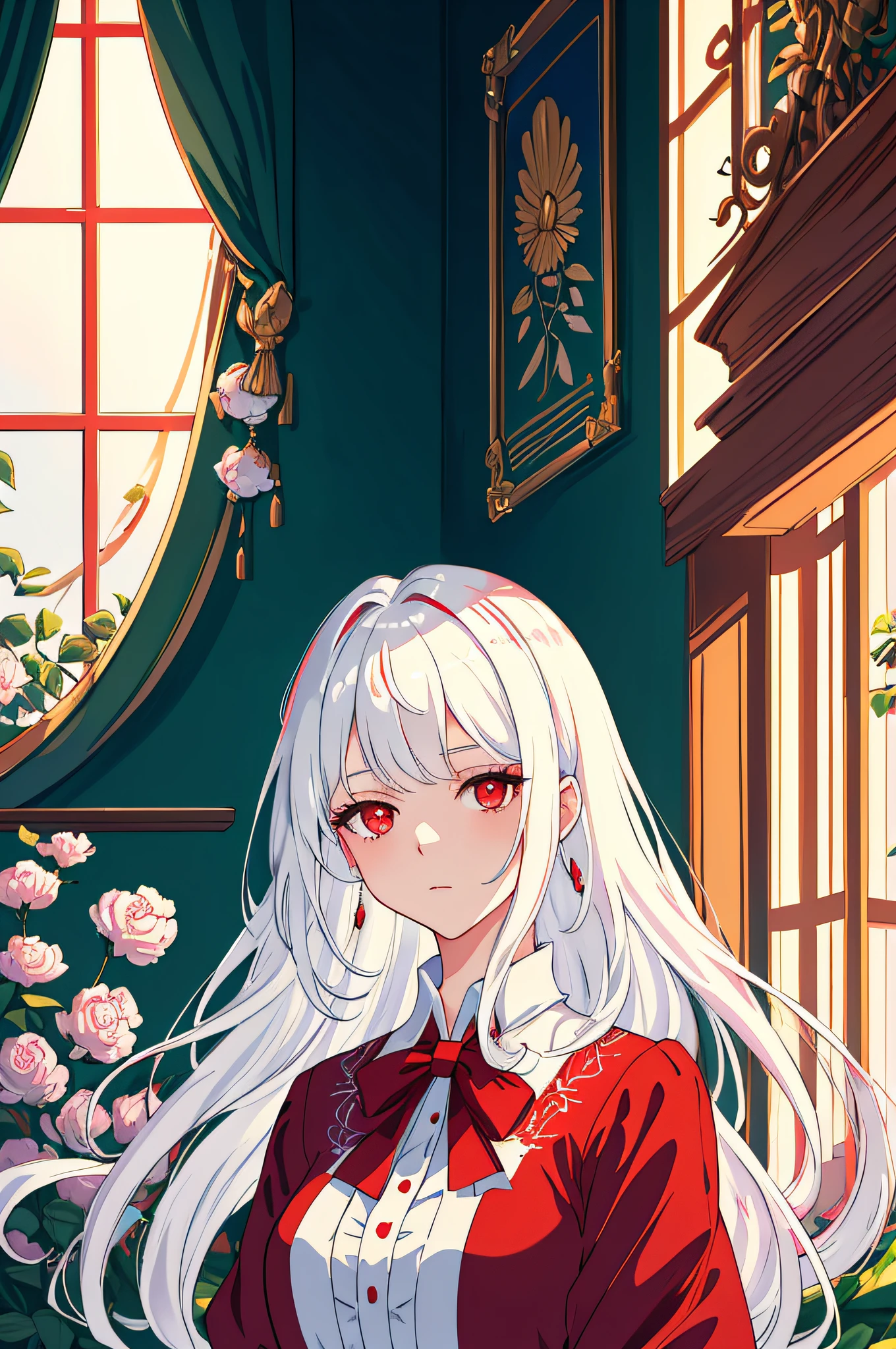 Artwork, masterpiece, extremely detailed 8k CG unit wallpaper, vibrant incredible colors, of a beautiful girl with white hair, red eyes, wearing a simple sensual blouse, almost transparent, her gaze focused on the viewer, background of scenery of a beautiful room, a calm, soft, simple light on the face of the beautiful girl.