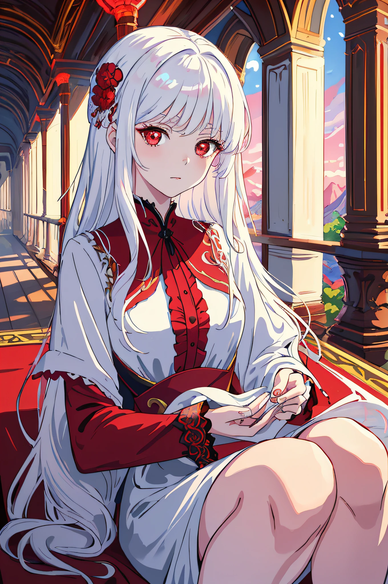 Artwork, masterpiece, extremely detailed 8k CG unit wallpaper, vibrant incredible colors, of a beautiful girl with white hair, red eyes, wearing a simple sensual blouse, almost transparent, her gaze focused on the viewer, background of scenery of a beautiful room, a calm, soft, simple light on the face of the beautiful girl.