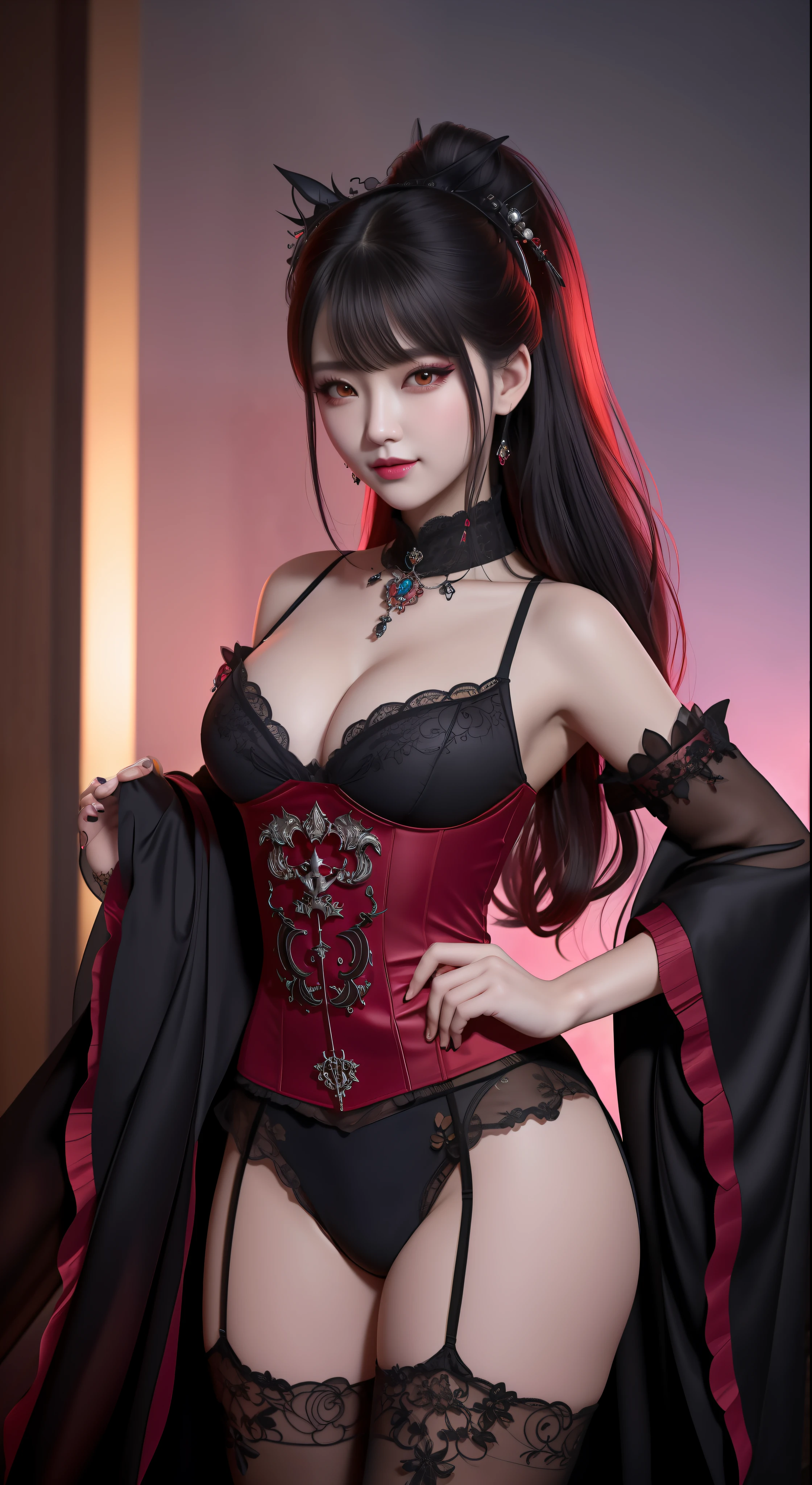 best quality, masterpiece, highres, 1girl, hanfu, white and even teeth, red irises, chinese underwear, hair ornaments, necklace, jewelry, crown jewelry. Pretty face, full body, magic import style, tyndall effect, photo realistic, dark studio, border light, two tone light, (high detail skin: 1.2), 8k uhd, dslr , soft light, high quality, volumetric light, candid, Photo , high resolution, 4k, 8k, Bokeh, (light pink lips), 1 beautiful demon from hell, In the Dark: 1.6), surreal full body of women by David Hockney and Alphonse Mucha, fantasy art, photorealism, dynamic lighting, station art, posters, volumetric lighting, highly detailed faces , super 8k, Awarded, in the dark, deep shadow, low light, cowboy lens, (Red phoenix shirt: 1.4), long hair, black hair, bust, luxury palace, Royal style family, devil's crown, red eyes with very sharp and detailed makeup, Best face, Very round and tight breasts, Surreal, chinese women's clothing, turtleneck polo lace top, charming smile, Beautiful eye makeup, guweiz, devil style, black lace stockings, mesh stockings with hooks on underwear, ponytail with a bow at the back, dark red lips, Devil tattoo on shoulder, wearing a nightgown thin lace deep slit chest red black, overcast and thunderous landscape, (full body), Close-up of main character, (Background detail 1.8), lace socks worn at the waist,