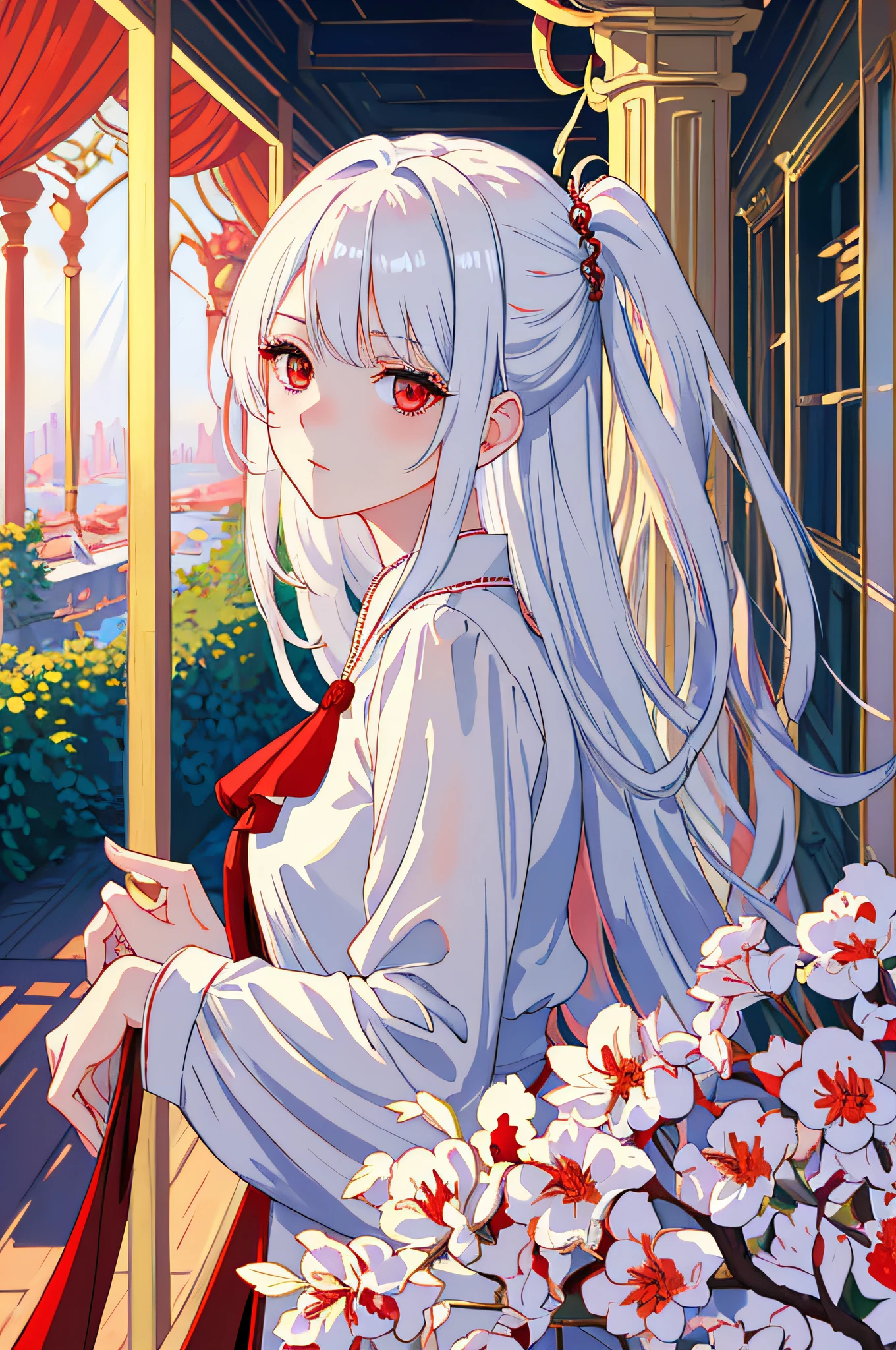 Artwork, masterpiece, extremely detailed 8k CG unit wallpaper, vibrant incredible colors, of a beautiful girl with white hair, red eyes, wearing a simple sensual blouse, almost transparent, her gaze focused on the viewer, background of scenery of a beautiful room, a calm, soft, simple light on the face of the beautiful girl.