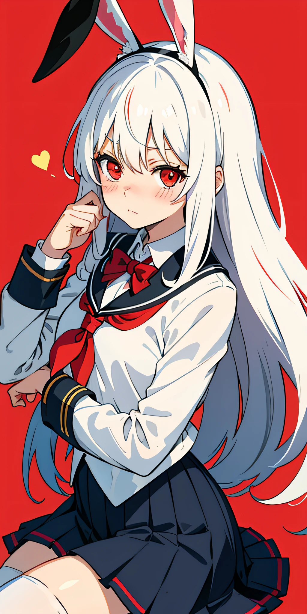 Anime girl with white hair and bunny ears, red eyes, shy blush, school uniform