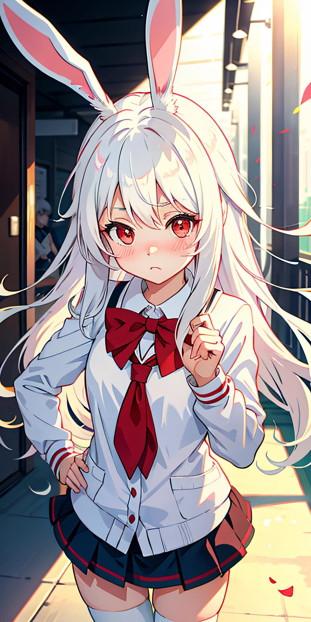 Anime girl with white hair and bunny ears, red eyes, shy blush, school uniform
