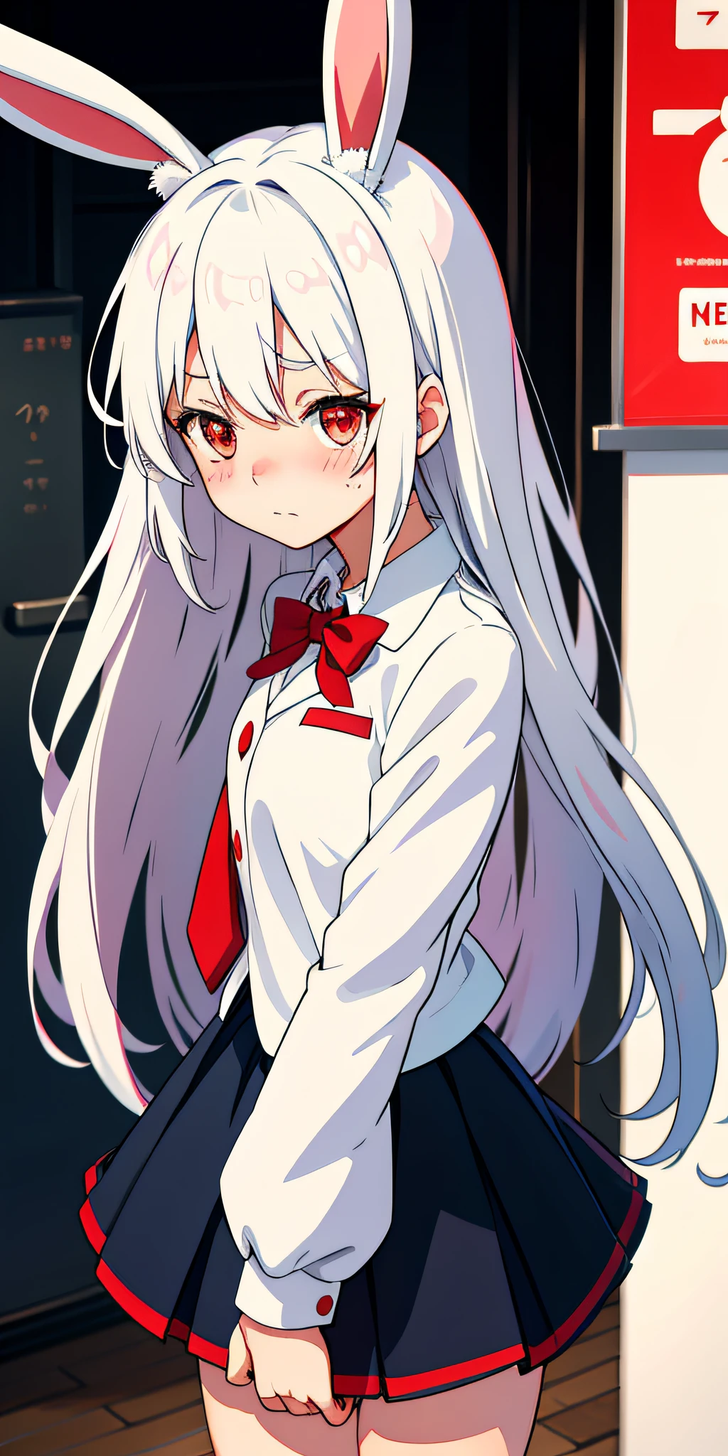 Anime girl with white hair and bunny ears, red eyes, shy blush, school uniform