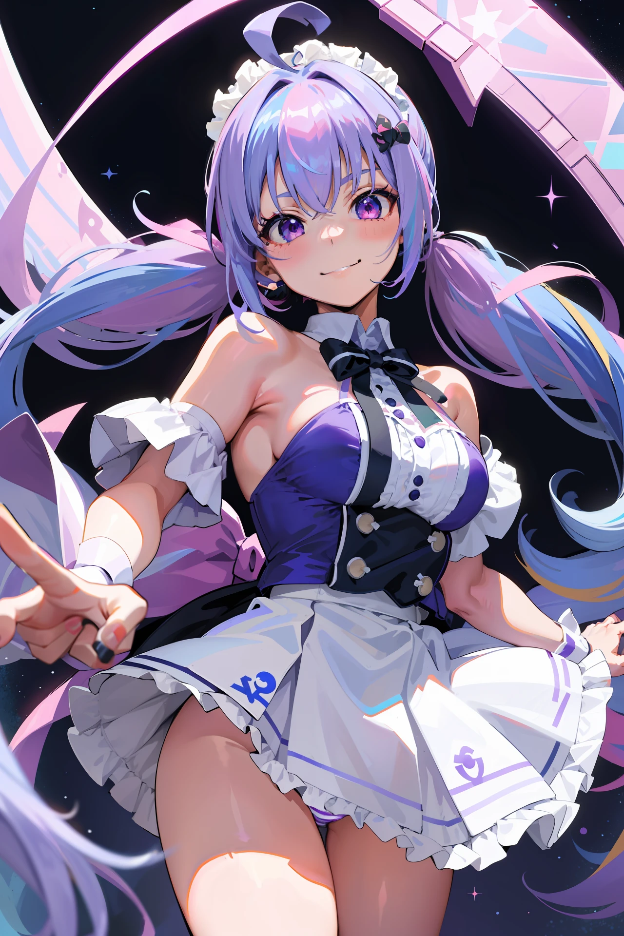 masterpiece, top quality, high resolution, 1girl, virtual youtuber, minatoaqua, long hair, multicolored hair, dress, twin tails, maid headdress, colored inner hair, purple eyes, anchor symbol, blue hair, bow, two-tone hair, short sleeves, braid, blue dress, wrist cuff, ribbon, bangs, drill hair, blue nails, twin drills, puffy short sleeves, Hair ribbon, purple hair, puffy sleeves, ahoge, ankle cuffs, dress bow, maid, ruffles, nail polish, striped hair, white bow, big breasts, cowboy shot, smile, Minato Akua, erotic, breasts,, naked, naked, panty shot, pants,