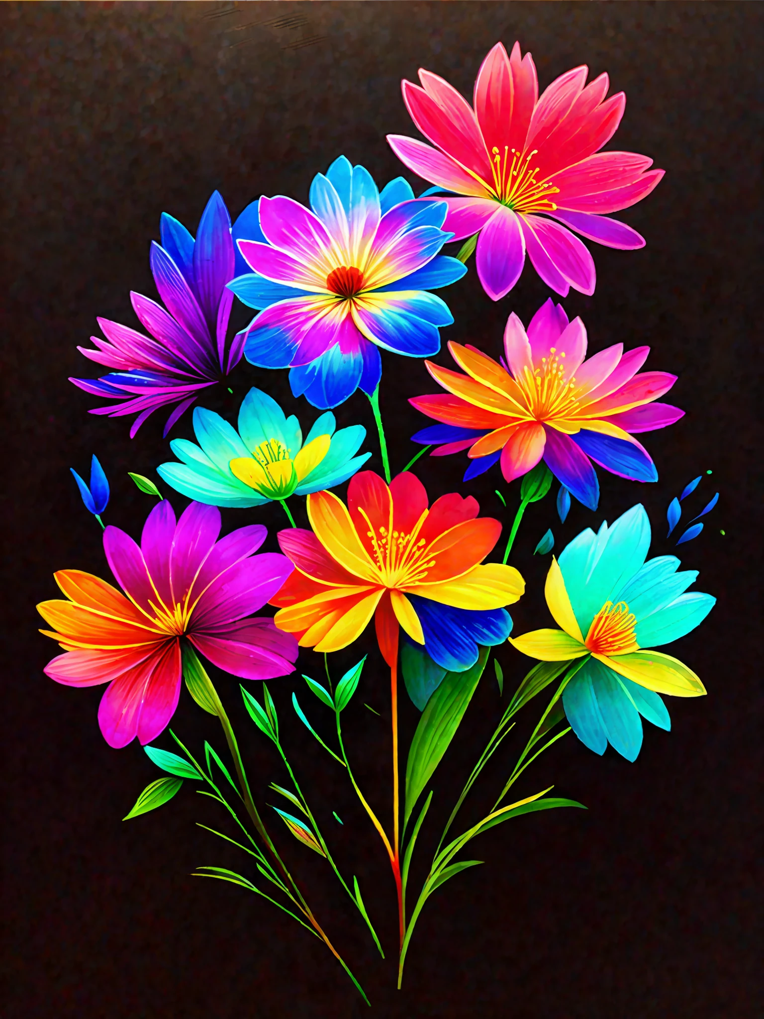 a painting of a colorful flower on a black background,, breathtaking rendering, within a radiant connection, inspired by Kinuko Y. Craft,, magical elements, flower icon, wow, is beautiful, casting a multi colorful spell, bright flash, flash