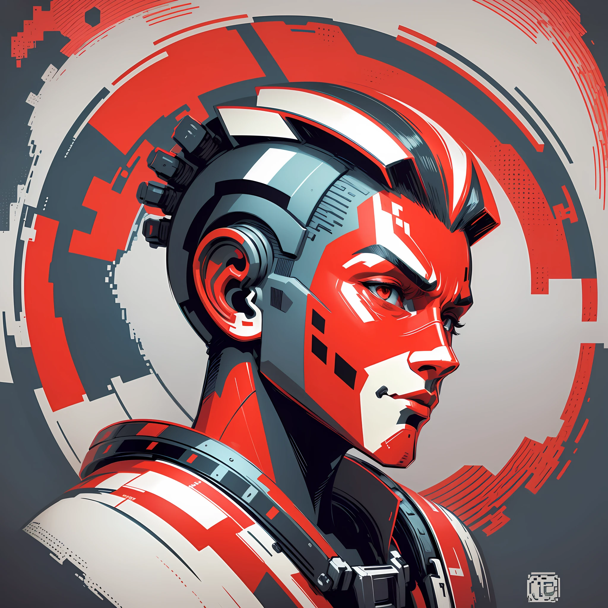 PrintDesign style robot head, mohican hairstyle, red and white color scheme, posterized colors, kick flip, pixel art style, retro style, stickers, pixelated, Alphonse Mucha (masterpiece, best quality, high resolution: 1.4) --auto --s2