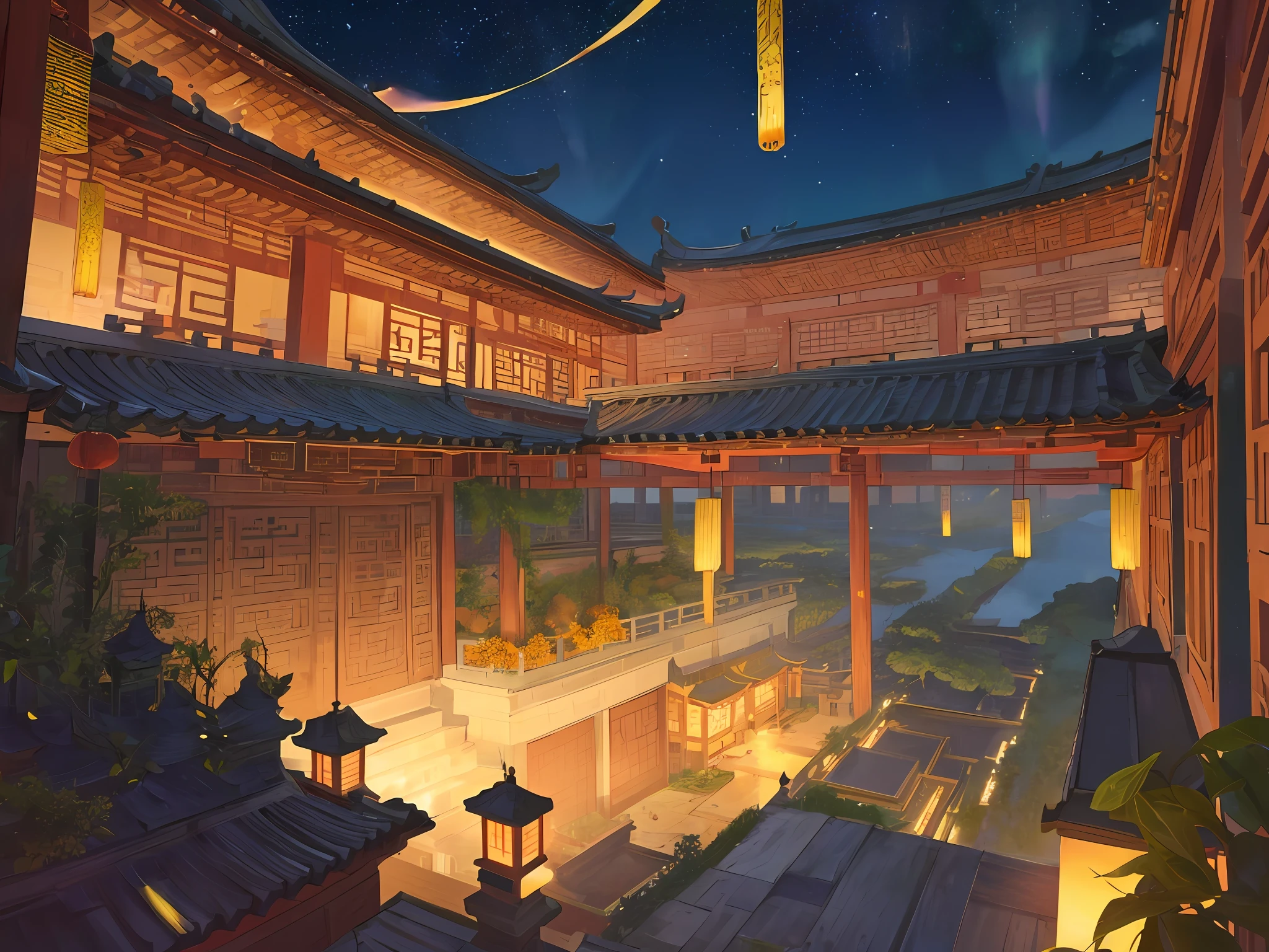 ( ( Top view, high angle view, Focal point composition) ) , Sunset Gradient, moonlit night, halo, beautiful light, beautiful play of shadow, light effects, Autumn, Ancient Chinese architecture, many raditional Chinese architecture on a floating island, there are many scattered buildings on the high mountain, ( huge Taoist incense burner, Sending out exquisite and beautiful magical effects) , waterfall cascading from the island, a vast sea of clouds, spectacular waterfalls, group of buildings, lanterns and sky lanterns floating in the air, high mountains, starry skies, soft color, refreshing, beautiful, Chinese landscape painting, cinematic lighting, high detail, (close-up), (chiaroscuro),fine facial details,cinematic lighting, (depth of field), UHD, --v6