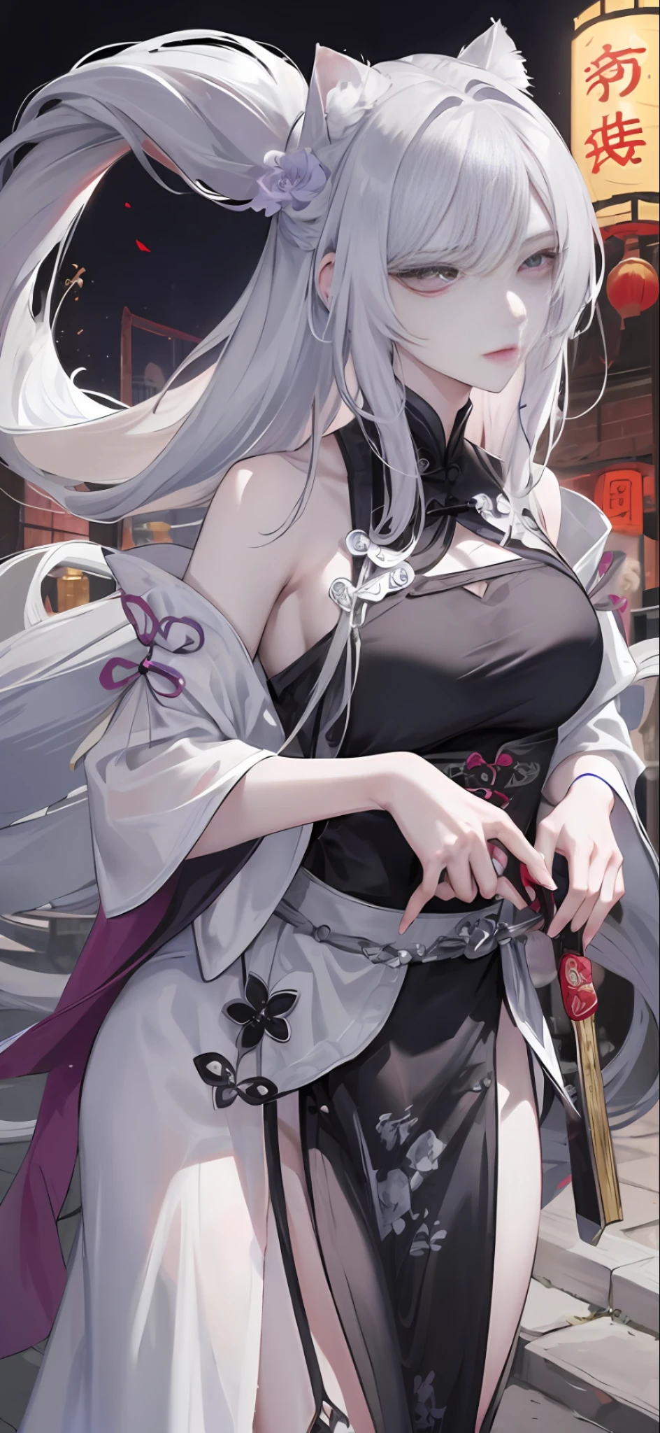 Masterpiece, Best, Night, Full Moon, 1 Female, Mature Woman, Chinese Style, Ancient China, Elder Sister, Royal Sister, Cold Face, Expressionless, Silver White Long Haired Woman, Pale Pink Lips, Calm, Intellectual, Three Belts, Gray Hitomi, Assassin, Dagger, Flower Ball Background, Strolling Street Masterpiece, Best, Night, Full Moon, 1 Female, Mature Woman, Chinese Style, Ancient China, Elder Sister, Royal Sister, Cold Face, Expressionless, Silver White Long Haired Woman, Pale pink lips, calm, intellectual, three belts, gray pupils, assassin, dagger, flower ball background, street view, white-haired catwoman, Hanfu, cat ears, cat tail, clear purple eyes