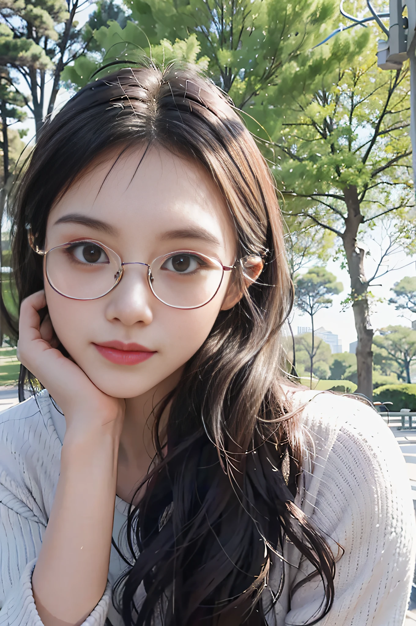 There is a woman with glasses posing for a photo in the park, wearing glasses, 8k selfie, square frame glasses, wearing small round frame glasses, wearing thin large round frame glasses, chinese girl, wearing glasses, portrait photo avatar, cute, park, tree