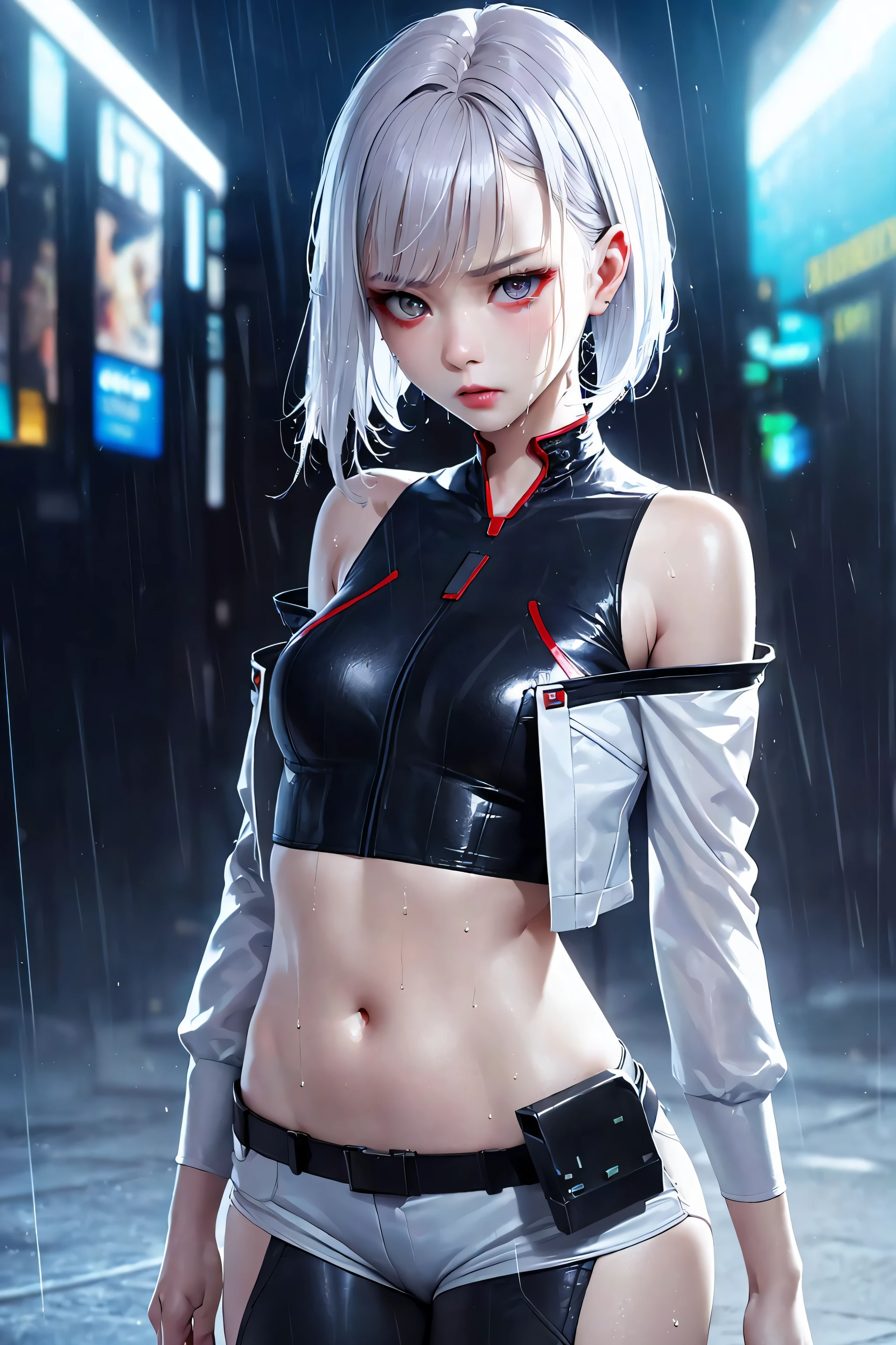 1girl, solo, lucy \(cyberpunk\),(white jacket), (open jacket), short shorts, (bodysuit), (detached sleeves), pouch, (white hair), (asymmetric hair), (short hair), (multicolor hair), (beautiful detailed hair) ,(hair blowing), red eyeliners, beautiful female, beautiful eyes, detailed beautiful shiny skin, cute, perfect skin, shiny skin, 20 years old , (small breasts), pureerosface_v1:0.3, (outdoor), sharp face, (midriff:1.2), (depressing), (angry), sweat, wet, neon, cyberpunk, science fiction,(fighting stance), (golden wires), (narrow waist:1.4), looking at viewer, arms behind back, (robot joints:0.5) ,(mechanical parts),raining
realistic: 0.6, photorealistic: 0.6, (best quality), (highres), photoshoot, (deep depth of field), (4k uhd), physically-based rendering, soft lights, cinemetic lights, (manga:1.1), (various clutter and mess in background:1.1), (light particles), (lush detailed),(stunning), (dynamic perspective shot, medium shot), portrait, (sharp focus) , colorful light, night