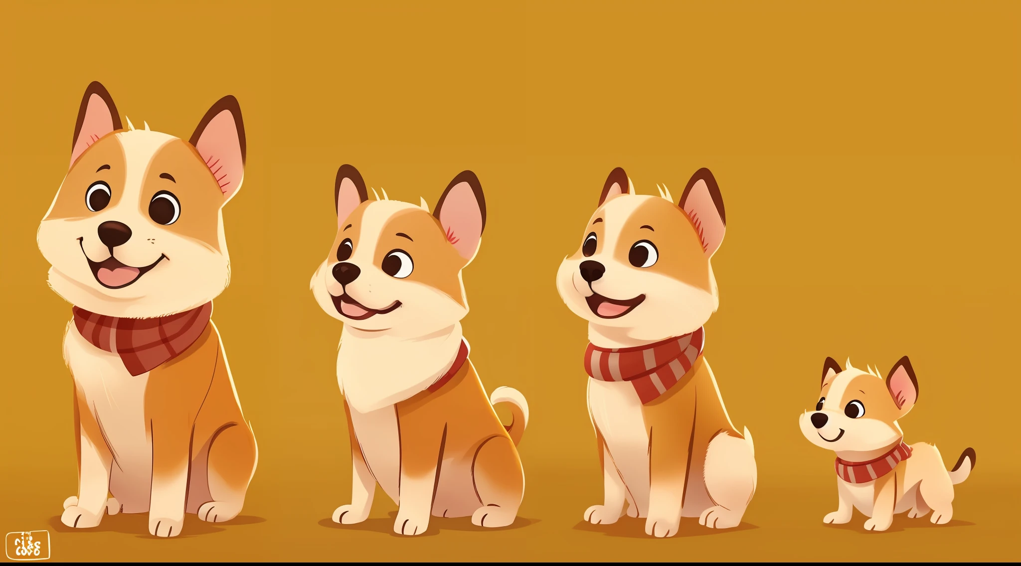 Dog, caramel, cute, children's art in artstation, yellow dog concept art, cute, happy, happy, children's animal art, white background, animated dog character with different positions and poses,