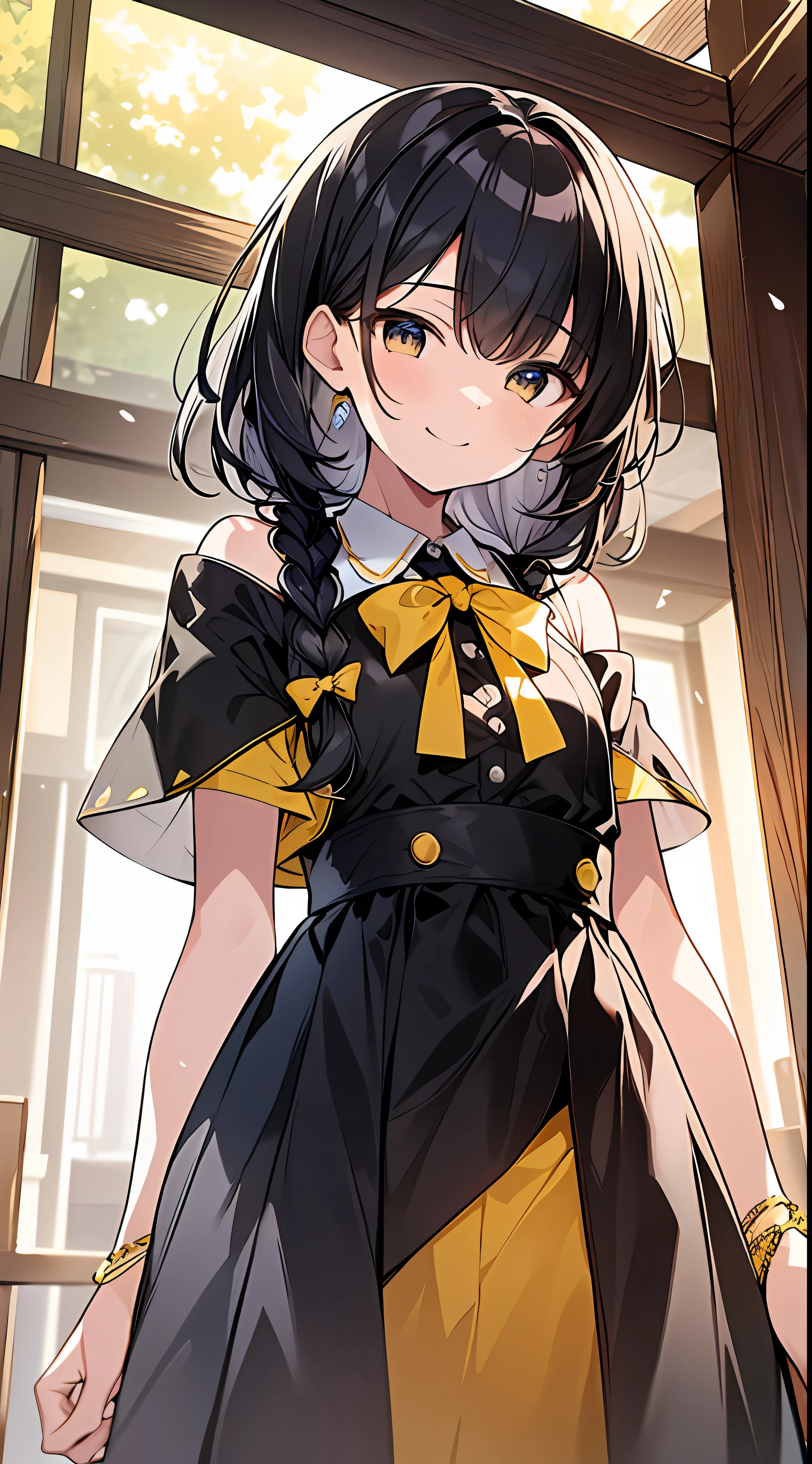 Top Quality, Masterpiece, High Resolution, 8k, Luminous Yellow Shirt and Skirt Anime Style Small , Single, Detailed Line Art, Bright White and Bright Amber Style, Digital Enhancement, Anime Core, Flowing Fabric, Close Up, Hair Length to Shoulder and Short Braid, Beautiful Black Hair, Smile, Looking Up Angle