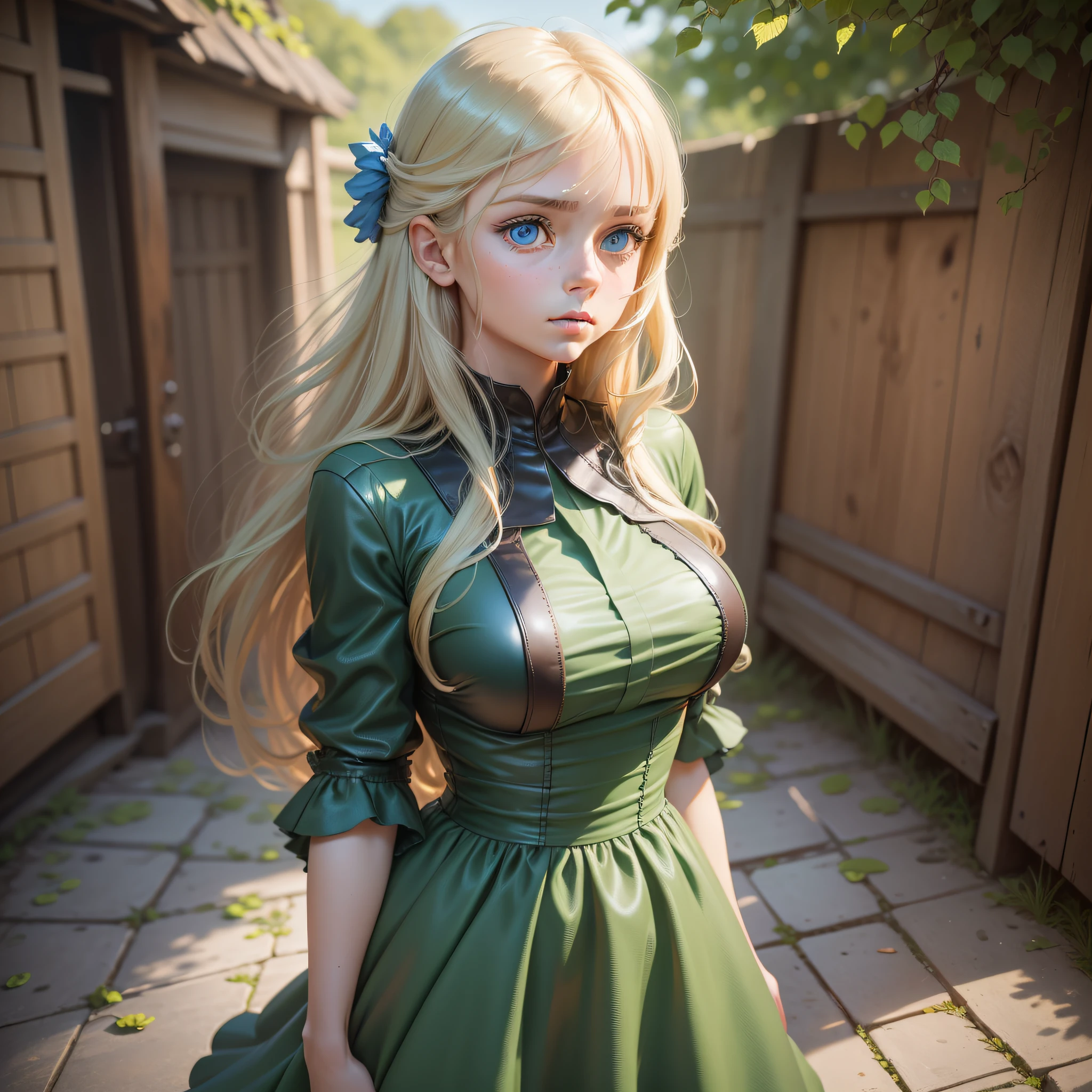 Front view, ((looking at the audience)), (film, best quality, UHD), ((oil painting)), ((official art)), 1 girl, (blue eyes), big eyes, (dark blonde), straight long hair, smooth long bangs, shyness, leather, ((delicate light green dress)), big breasts, upper body, silhouette, seaside, detailed face, extremely detailed eyes --auto --s2