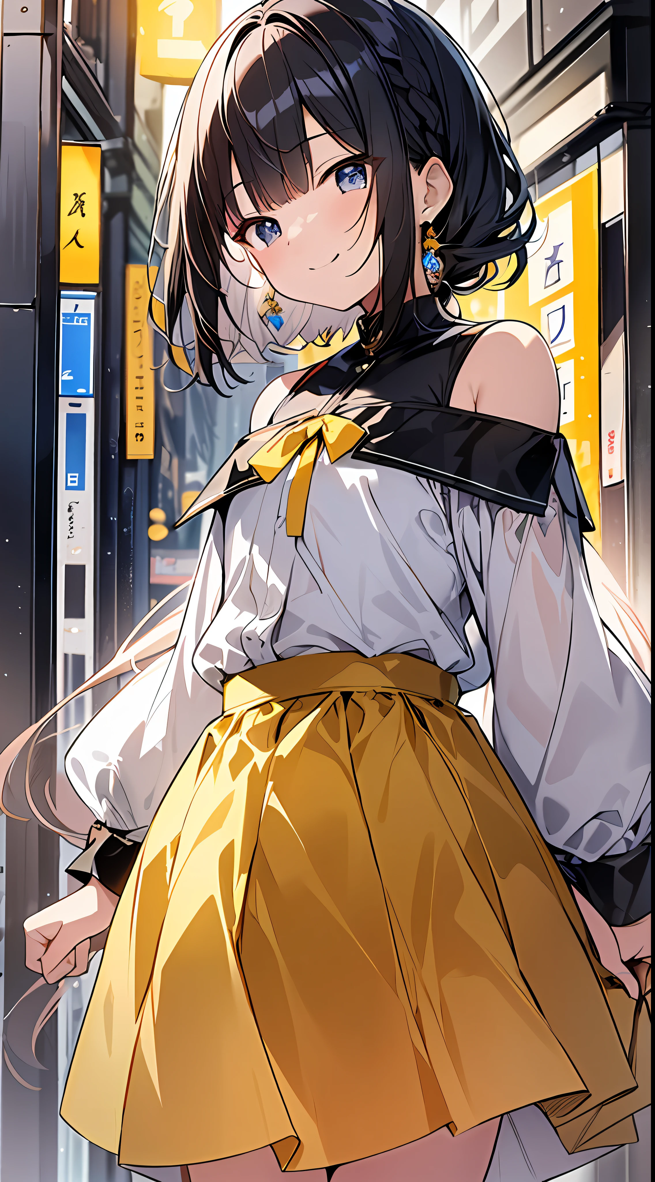 Top Quality, Masterpiece, High Resolution, 8k, Luminous Yellow Shirt and Skirt Anime Style Small Loli, Single, Detailed Line Art, Bright White and Bright Amber Style, Digital Enhancement, Anime Core, Flowing Fabric, Close Up, Hair Length to Shoulder and Short Braid, Beautiful Black Hair, Smile, Looking Up Angle