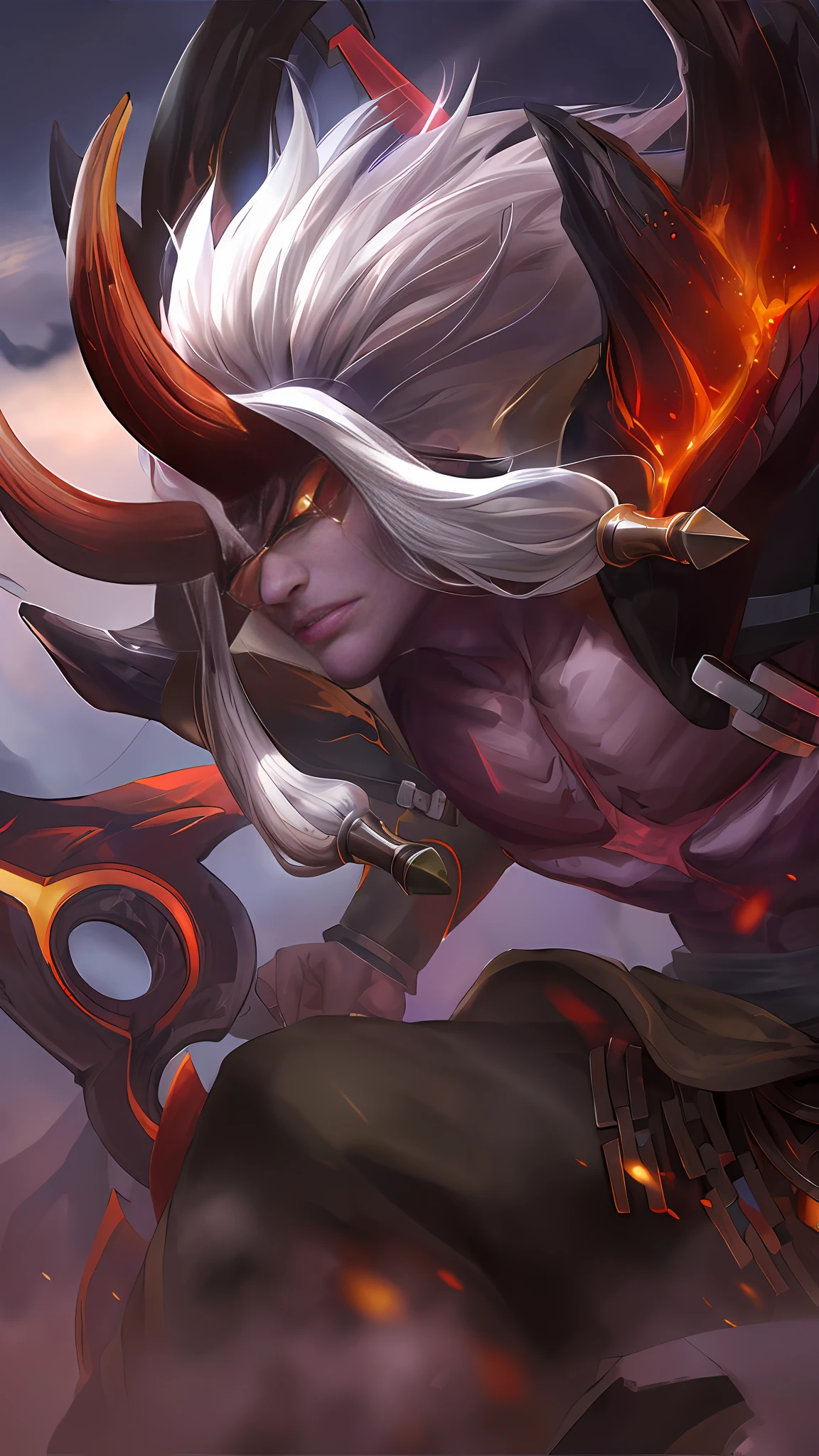 (Absurdres, Intricate Details, Masterpiece, Best Quality, High Resolution, 8k), 1 male, thin, young, aged up, masked, finely detailed eyes and face, auburn low-fade hair, amber eyes, portrait, looking at viewer, solo, half shot, detailed background, (light fantasy theme:1.1), focusing, mercenary, sunshine, floating scraps, color plate armor, divine aura, bright realistic lighting, marble castle, intense atmosphere, circlet, coat of arms, brazier, , Depth of Field, VFX. wear an eyepatch