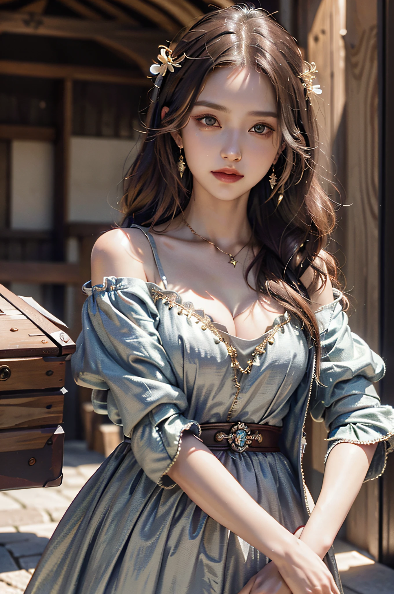 Top quality, delicate face, best quality, masterpiece, ultra high definition, (reality: 1.4), original photo, 1Girl, brown eyes, cinematic lighting, dark eyeliner, small earrings, small necklace, wind, piercing, very big breasts, big, cleavage, happy smile (original: 1.2), (real: 1.4), absurdity, incredibly absurd, ultra detailed, high resolution, ultra detail, best quality, fantastic, best quality, highly detailed CG unity 8k wallpaper, cinematic lighting, (perfect shiny skin: 0.6 ), slender flowing lines, slim waist, elaborate robes, jewelry, jewelry, gold, silver, diamonds, glitter, sapphires, rubies, emeralds, pearls,