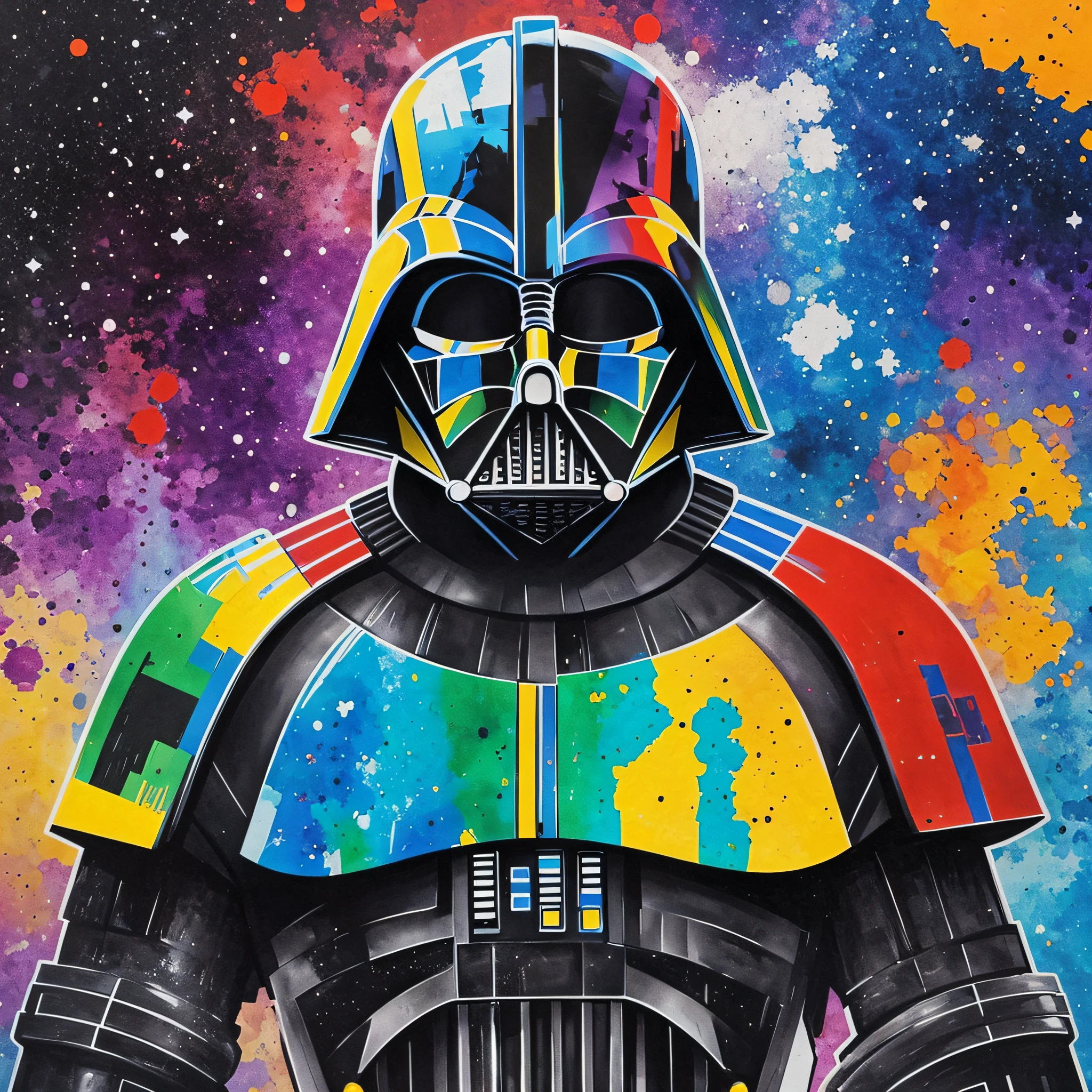 nvinkpunk, Darth Vader in full helmet and mask, abstract colorful blotchy imperial background, vangogh style pincel, upper torso, night colors --auto --s2