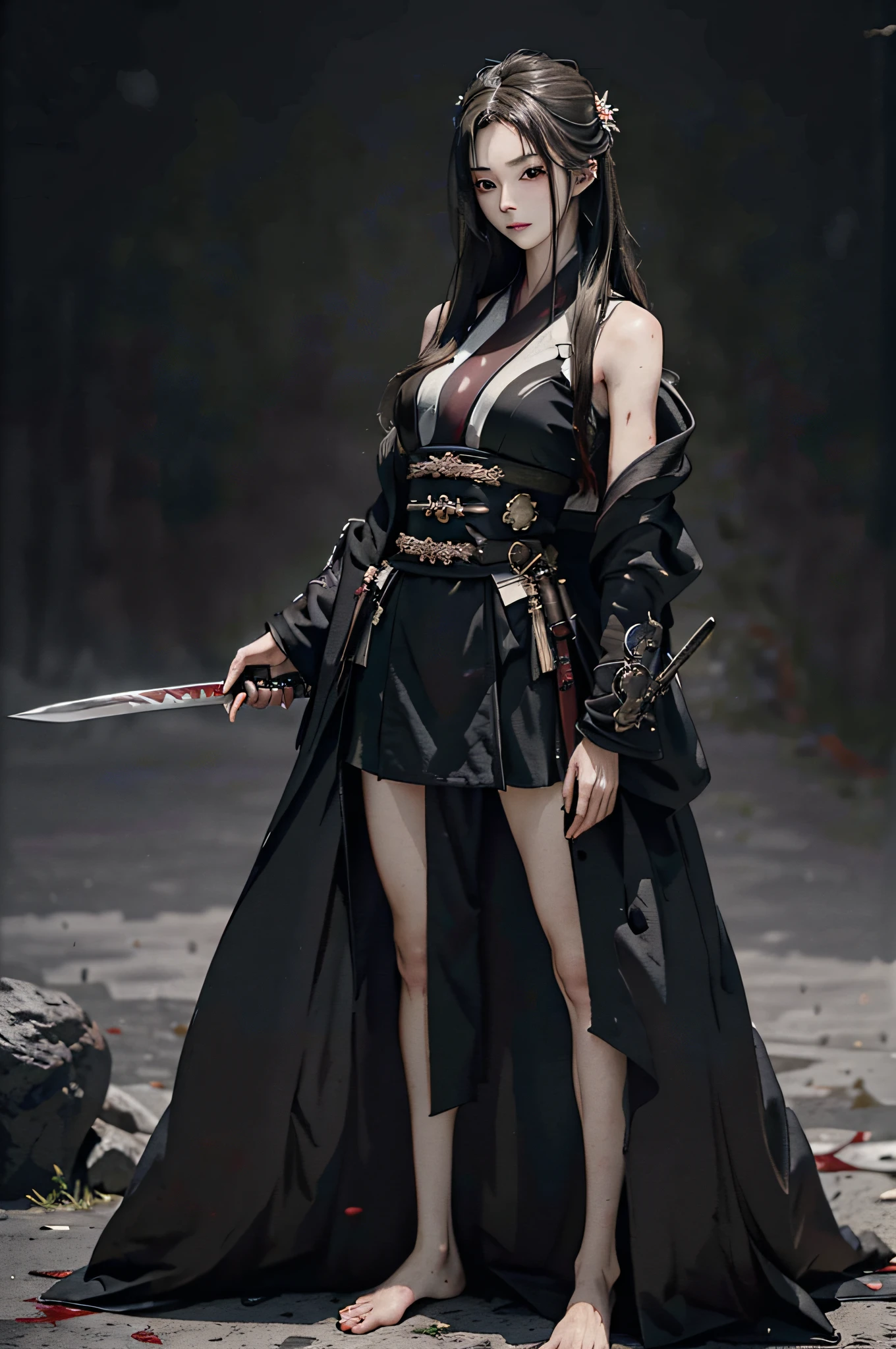 RAW Photo, 4k, Realistic, Meticulous Delicate Skin), Masterpiece, Best Quality, Official Art, Unity Wallpaper 8k, Ultra Detailed, (Dark Scene, Discreet, Soft Light), Cinematic Look, High Saturation, Best Anatomy , Volumetric Fog, Samurai Girl, Slim Body, Full Body, Full Body, 1 Girl, Weapon, Sword, Long Hair, Hold Brunette, Hold, Soil, Hold Weapon, Blood, Sword, Armguard, Complex Background, Blood on Weapon, Looking to the Viewer, Black Eyes, Cloth, Floating Hair, Evil Smile, hanfu, dynamic movement, dynamic pose, full body, legs showing, defined legs, barefoot, defined feet, defined fingers