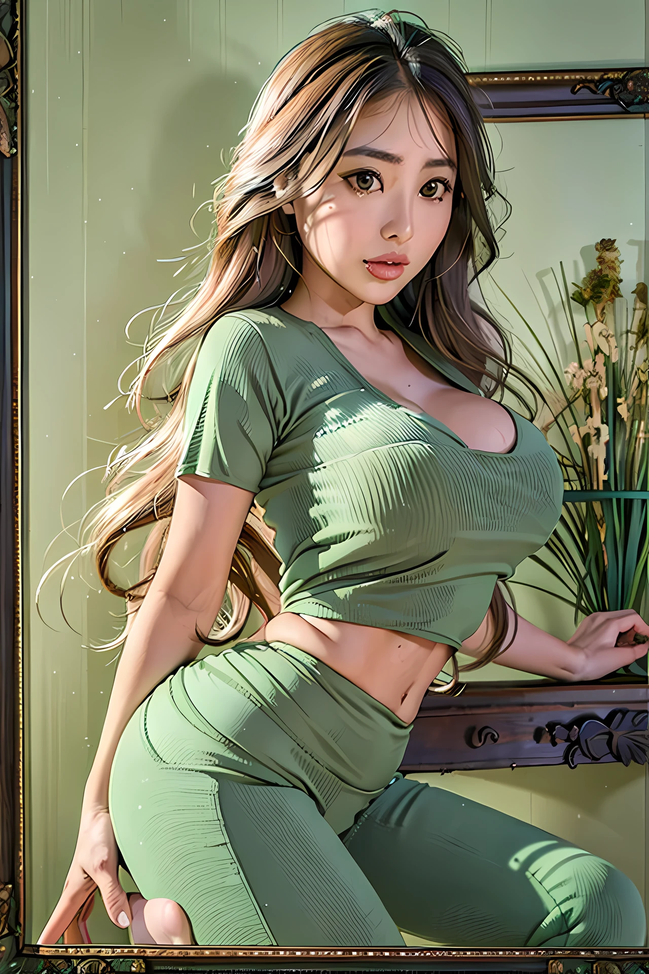 (high resolution, realistic) portrait of a beautiful Korean girl with (white wavy hair) and (big eyes:1.2) framed by small moles under her eyes. She is wearing a (loose green shirt) and (yoga pants) that show off her (tight abdomen) and (camel toes), while hers (big breasts) and (long legs) add to the allure.