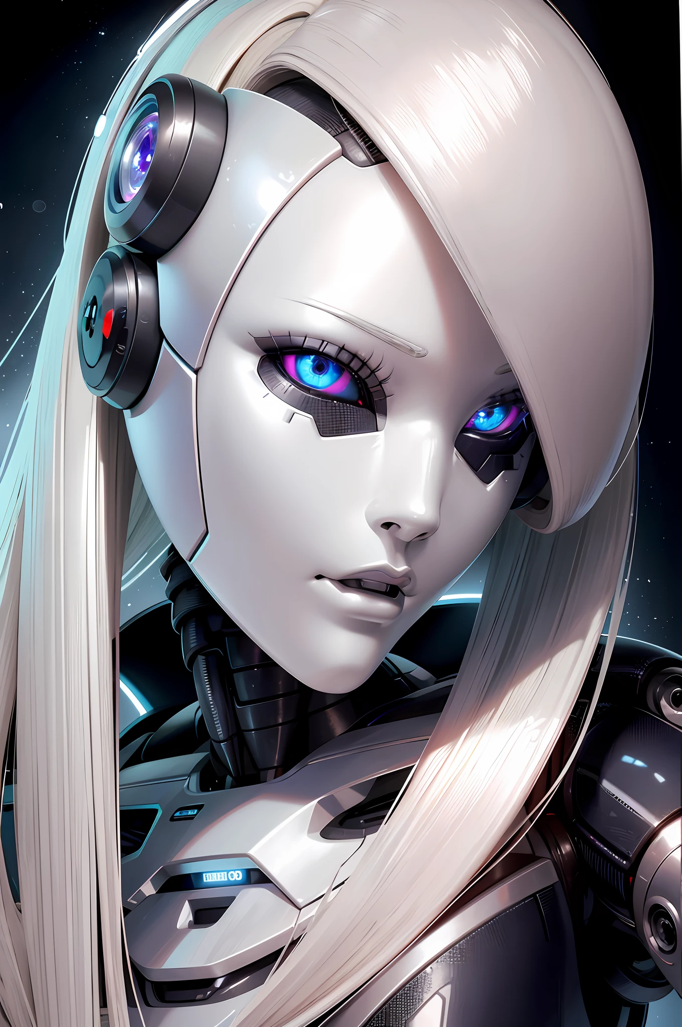 Best Quality, High Detail, 8K, Human, Robot Girl, Android Face(Metal), Steel & Titanium Leather, Robotic Face(With Human Features), Cybernetic Eyes(Hard Eye Circle, Clear Eye Pupil), 1girl, Formal, Perfect Hands(5 fingers, clear fingers,), wig(normal hair), big breasts, lipstick on the lips, body(big breasts, lace, rounded shoulders, rounded arms, robot parts,),