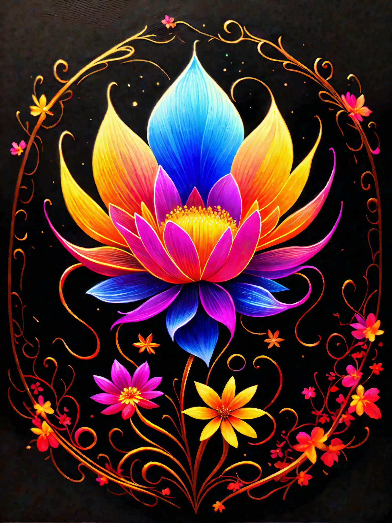 a painting of a colorful flower on a black background,, breathtaking rendering, within a radiant connection, inspired by Kinuko Y. Craft,, magical elements, flower icon, wow, is beautiful, casting a multi colorful spell, bright flash, flash
