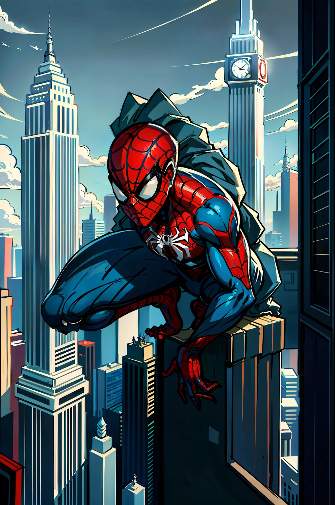 Beautifully illustrated scene of Spider-Man standing on a legendary skyscraper and admiring the breathtaking beauty of the modern sophisticated city below. A remarkable and stylized portrayal of a nefarious villain in a very detailed and dynamic performance by J. Scott Campbell and Jim Lee