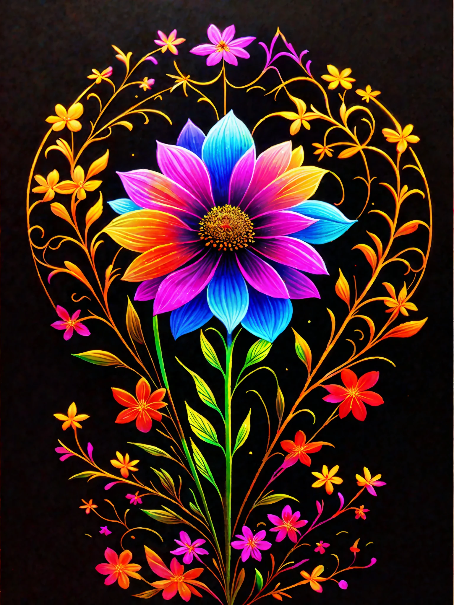 a painting of a colorful flower on a black background,, breathtaking rendering, within a radiant connection, inspired by Kinuko Y. Craft,, magical elements, flower icon, wow, is beautiful, casting a multi colorful spell, bright flash, flash