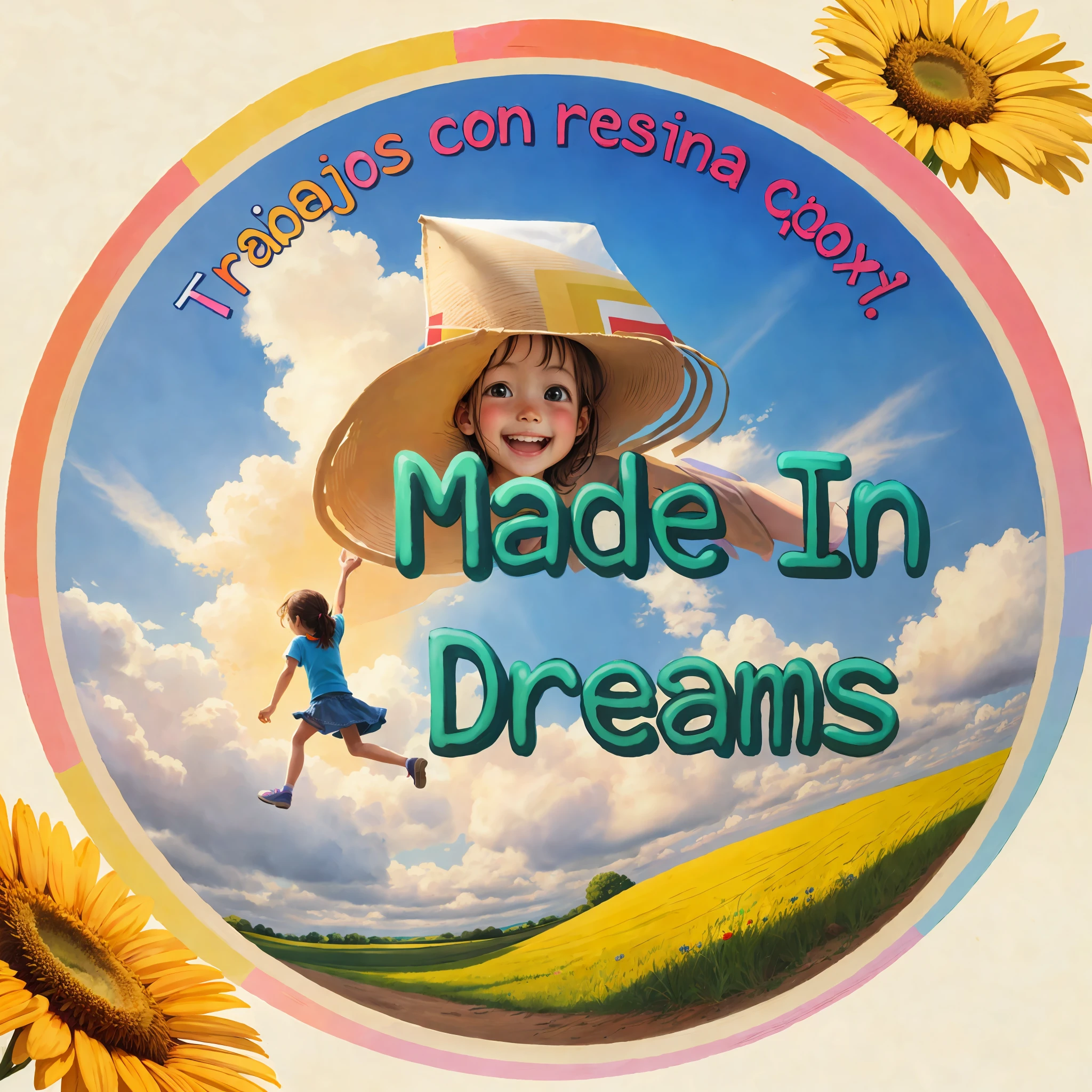 Poster making, Children's Day, in a country field, a little girl holding una cometa voladora, happy, happy