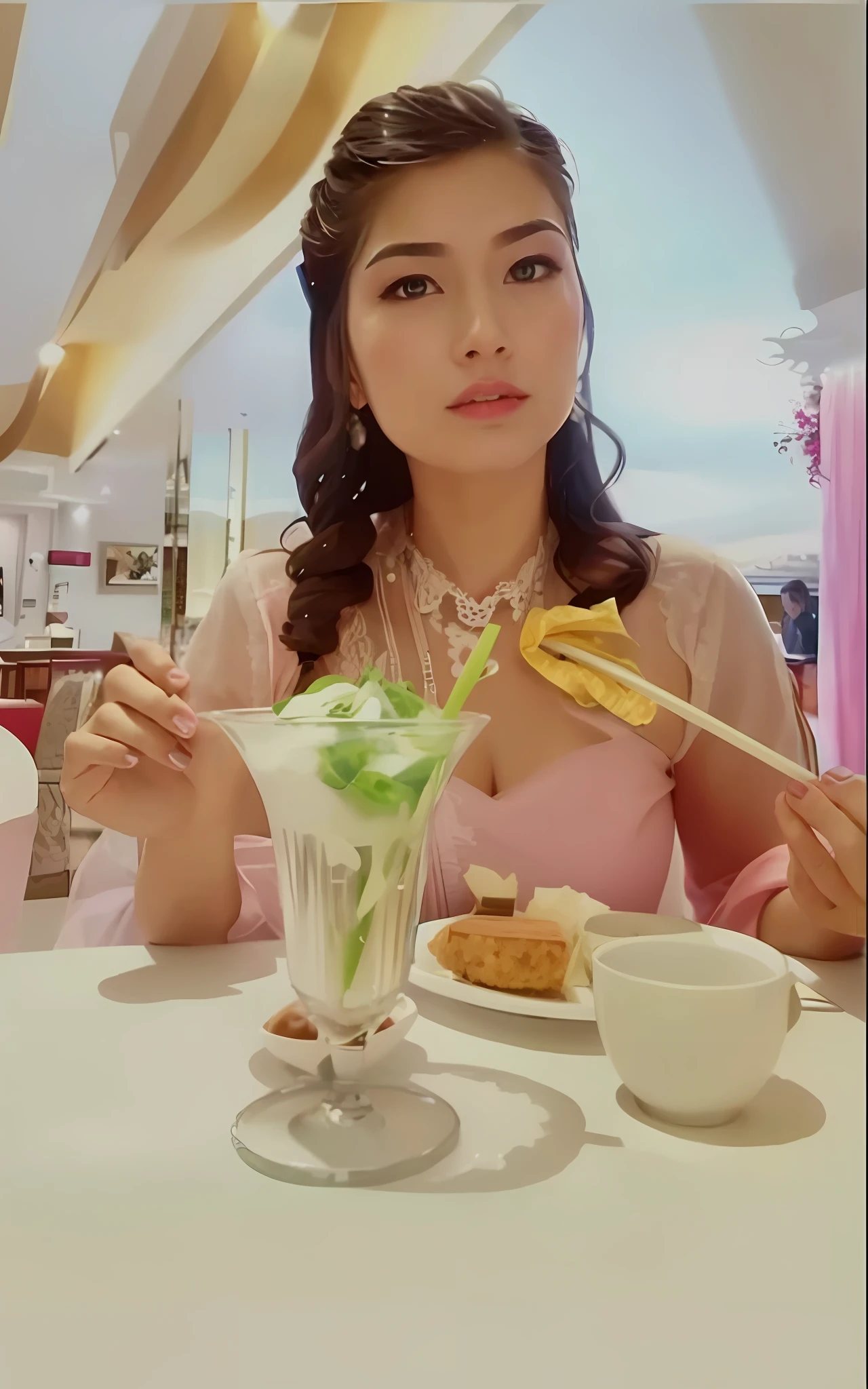 (8k, best quality, masterpiece:1.2), (realistic, photo-realistic:1.37), ultra-detailed, 1 girl,cute, solo,beautiful detailed sky,detailed cafe,night,sitting,dating,(nose blush),(smile:1.15),(closed mouth) small breasts,beautiful detailed eyes,(collared shirt:1.1), night, wet,business attire, rain,white lace, (long hair:1.2),floating hair NovaFrogStyle, use give image face only, change full body change, animie,