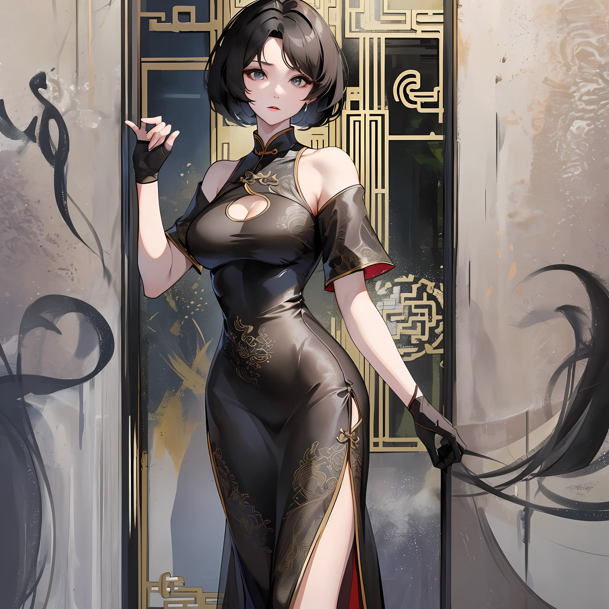 Standing posture, complete limbs, shoulder-length short hair, black hair, mature woman, slightly fat, breast enlargement, thin waist, off-the-shoulder cheongsam, Chinese style cheongsam, long cheongsam, tall figure, 8k picture quality