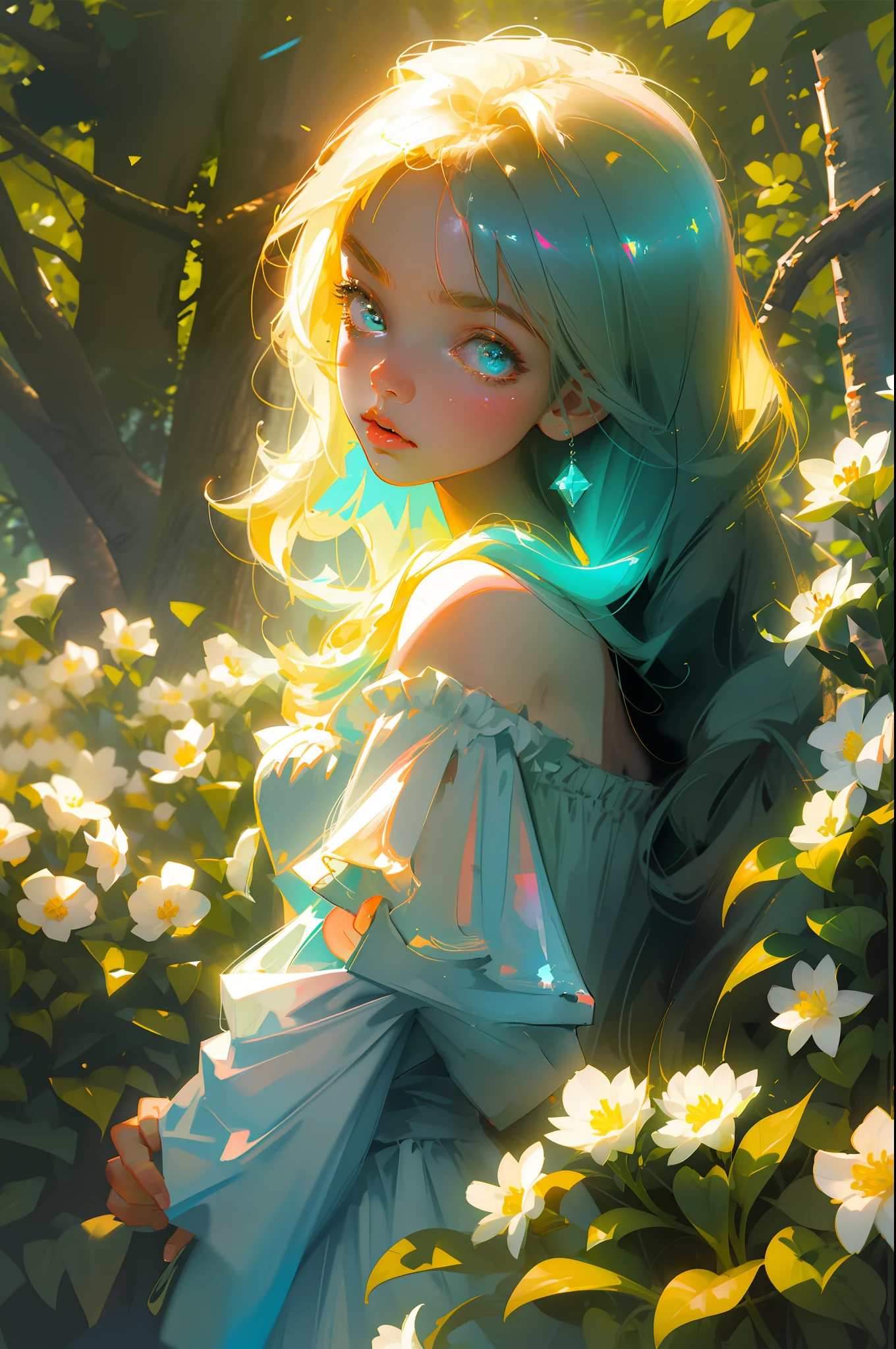 Masterpiece, best quality, super high resolution, fluorescent color,
1 girl, looking at the audience, beautiful face, beautiful eyes, (off-the-shoulder: 1.2), head up, upper body, forest, shiny hair, shiny skin, glowing cut, chibi, finger proportions coordination