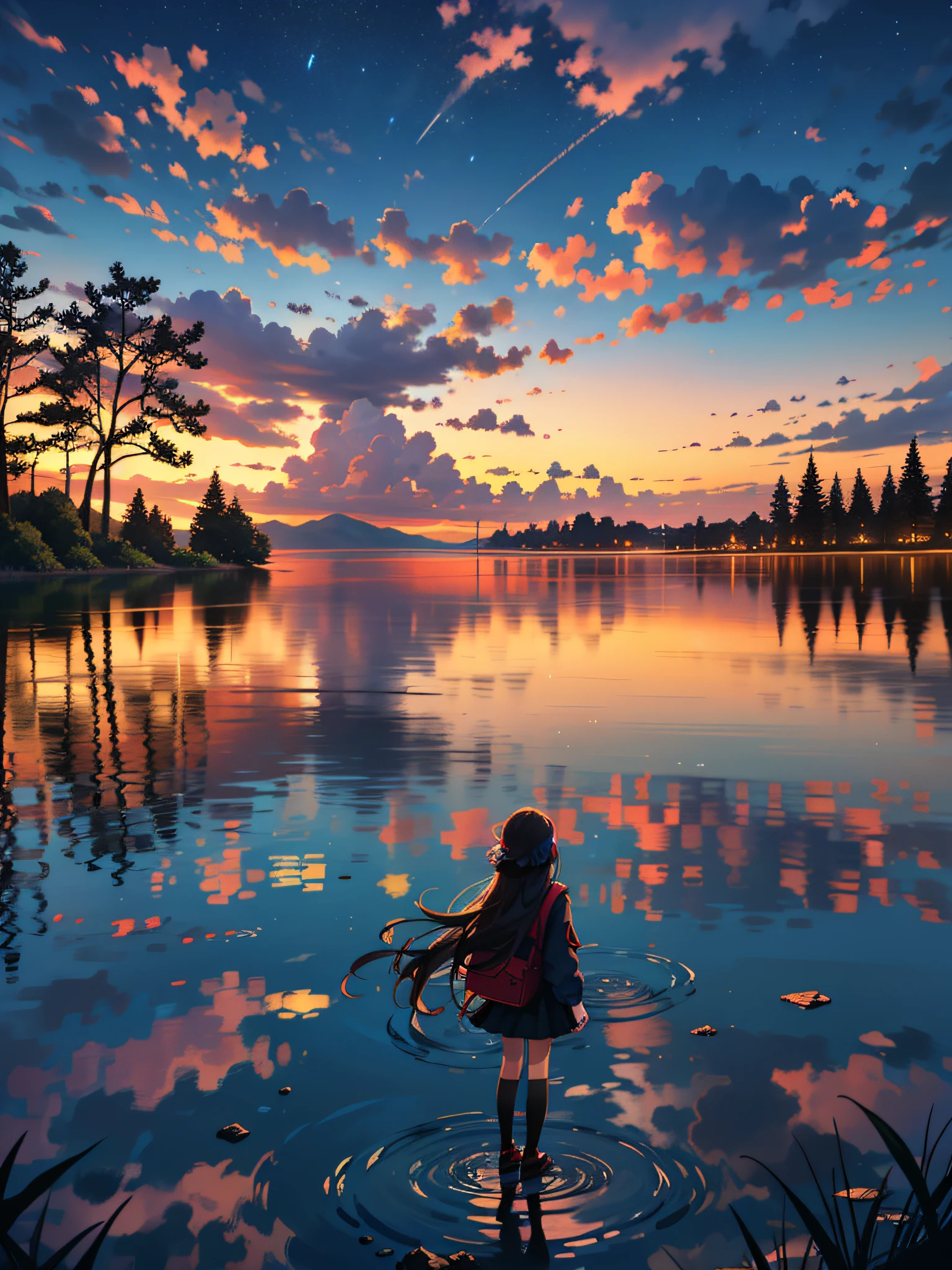 A scene of 8k resolution,
BREAK
showing a beautiful sunset with a lake and trees in the background,
BREAK
where a beautiful girl is stunned by the view,
BREAK
with colorful skies, surreal colors, colorful sunset, colorful sky, marvellous reflection of the sky, stunning sky, dream like atmosphere, colorful clouds, colors reflecting on lake, surreal sky, red and blue reflections and fire reflection effects,
BREAK
described as a beautiful sky, a beautiful and spectacular dusk, a beautiful dreamy landscape and an amazing sky.