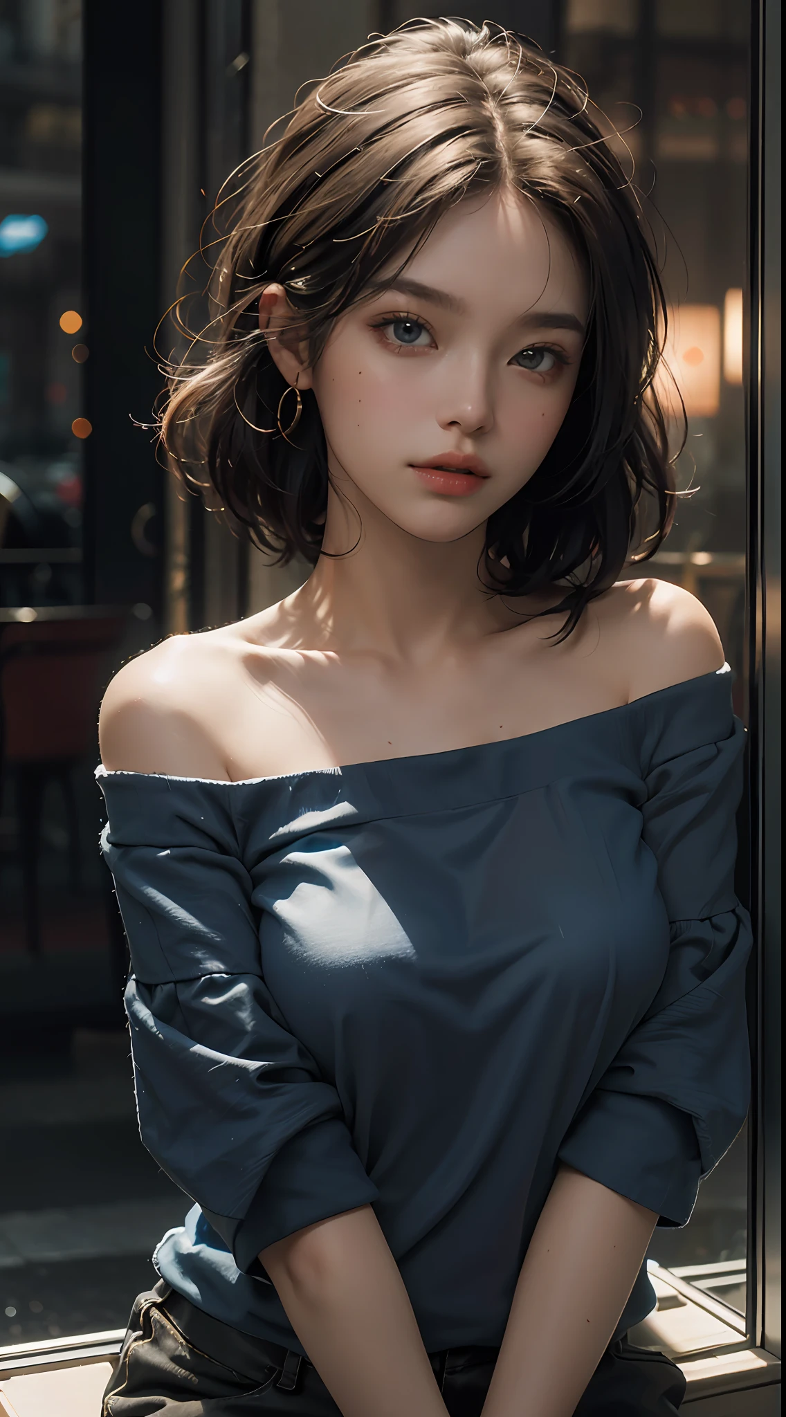 Best Quality, Masterpiece, Ultra High Resolution, (Realisticity: 1.4), Original Photo, 1Girl, Mature, Blue Top, Off-the-Shoulder, Film Lighting