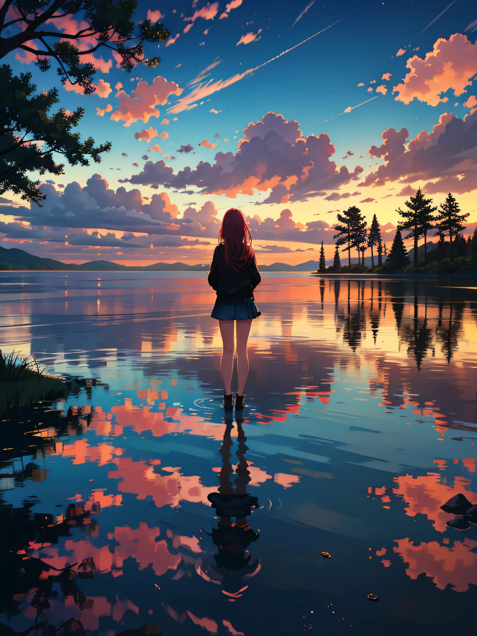 A scene of 8k resolution,
BREAK
showing a beautiful sunset with a lake and trees in the background,
BREAK
where a beautiful girl is stunned by the view,
BREAK
with colorful skies, surreal colors, colorful sunset, colorful sky, marvellous reflection of the sky, stunning sky, dream like atmosphere, colorful clouds, colors reflecting on lake, surreal sky, red and blue reflections and fire reflection effects,
BREAK
described as a beautiful sky, a beautiful and spectacular dusk, a beautiful dreamy landscape and an amazing sky.