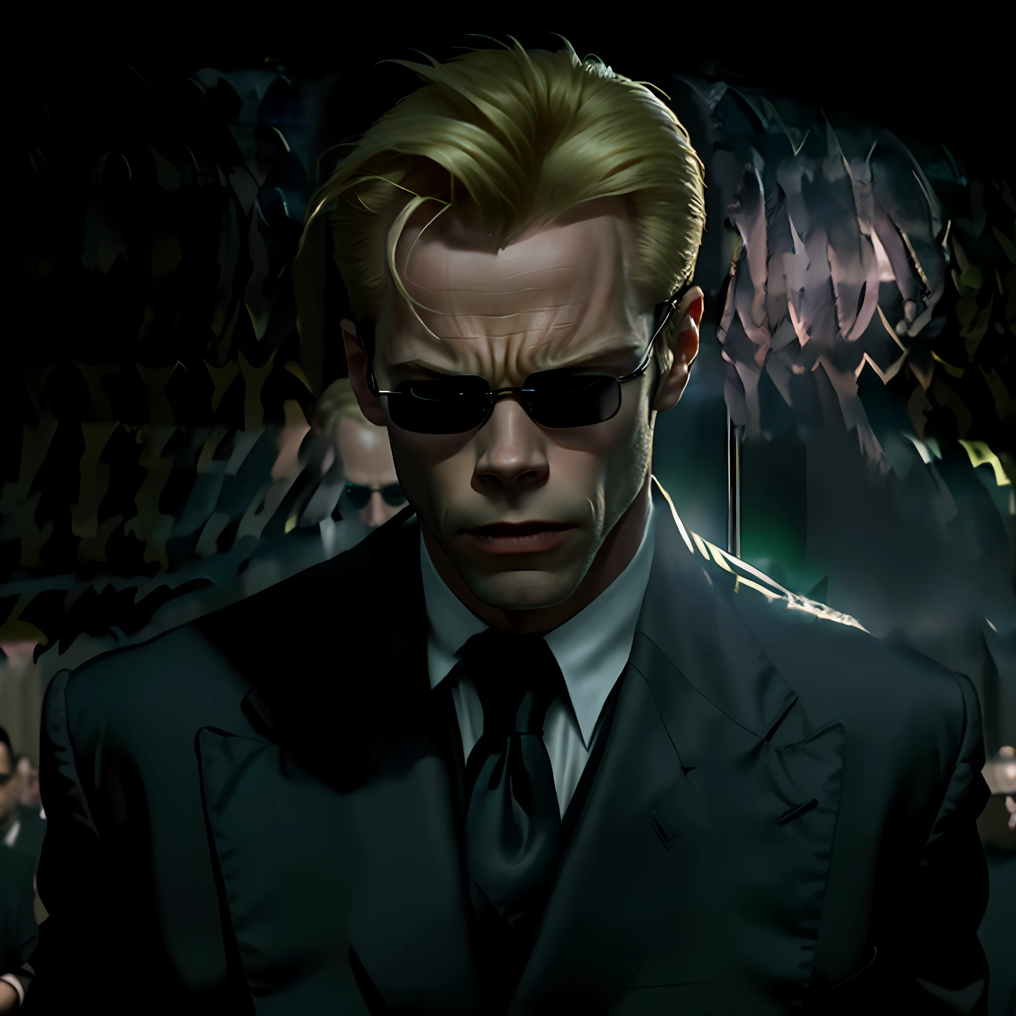 evil looking blond GUY PEARCE face, blond GUY PEARCE in a suit with square sunglasses close up, blond GUY PEARCE in a suit angry, blond GUY PEARCE in a white shirt suit with squared sunglasses, square sunglasses, ((white shirt black tie))